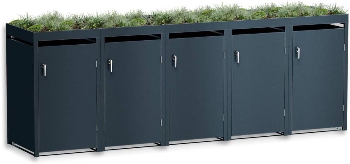 Metzler Wheelie Bin Box 4 Bins 240 L with Plant Roof, Roof Greenery in Anthracite with Plant Roof, Weatherproof, Pack of 4, Waste Container, Bin House, Lockable, Garden Box, Rubbish Box