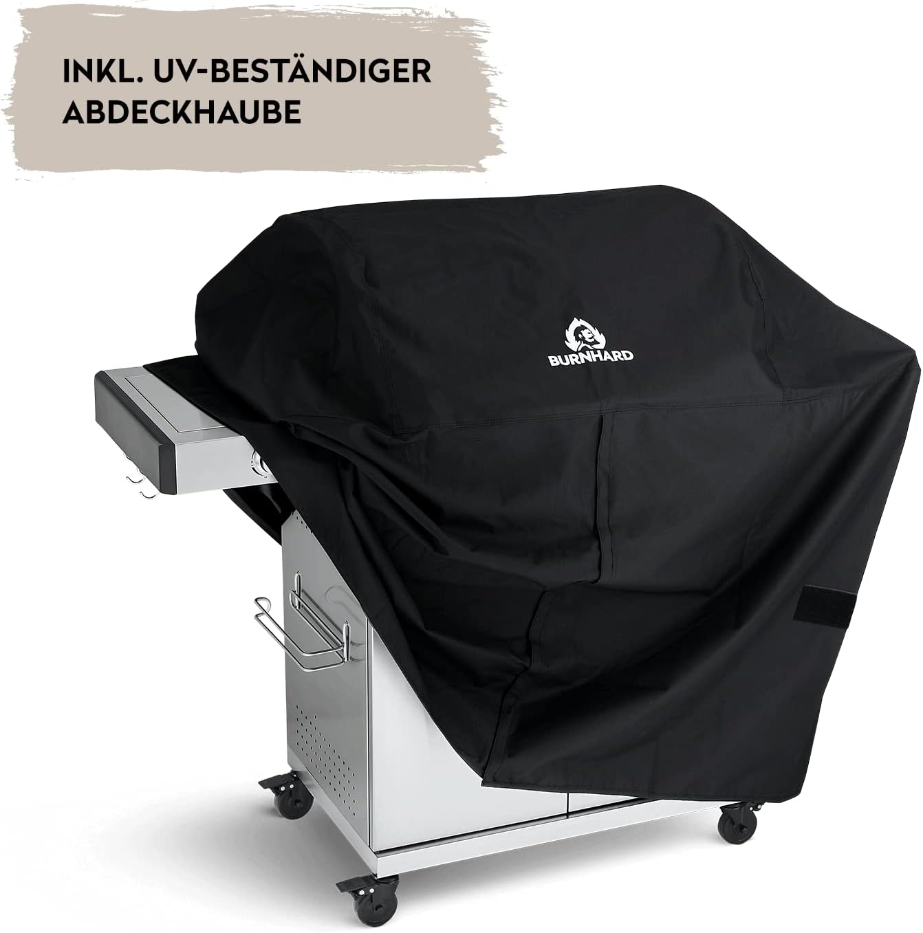 BURNHARD Big Fred Deluxe Series 3, 4-Burner Gas Barbecue Including Backburner, 900 °C Infrared Ceramic Burner, Side Hob, Cast Iron Cooking Grate, Grill Cover, Stainless Steel Grill Trolley + Folding