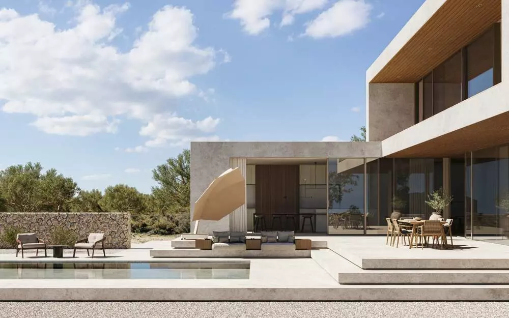 Umbrosa Icarus UX Sand cantilever umbrella 3 x 3 m with sand canopy and beige limestone frame Back to overview