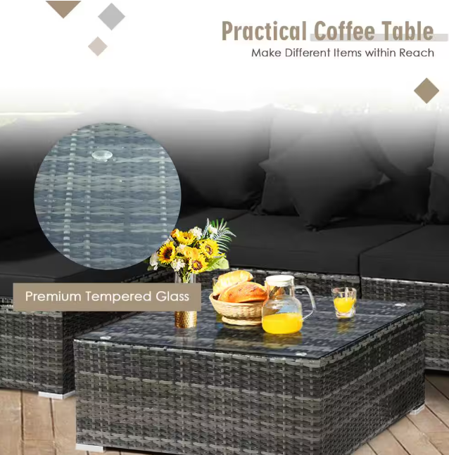 7-Piece Wicker Patio Conversation Set with Black Cushions