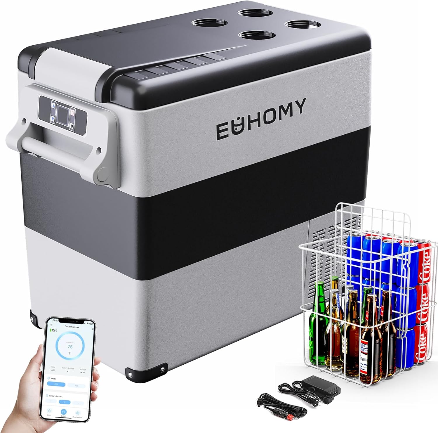 EUHOMY 45L Car Fridge Freezer 12V, Portable Camping Fridge Freezer Car Refrigerators with APP Control, Compressor Fridge with 12/24V DC & 110-240V AC for Camping, RV, Road Trip, Picnic(Gray) [Energy Class B]