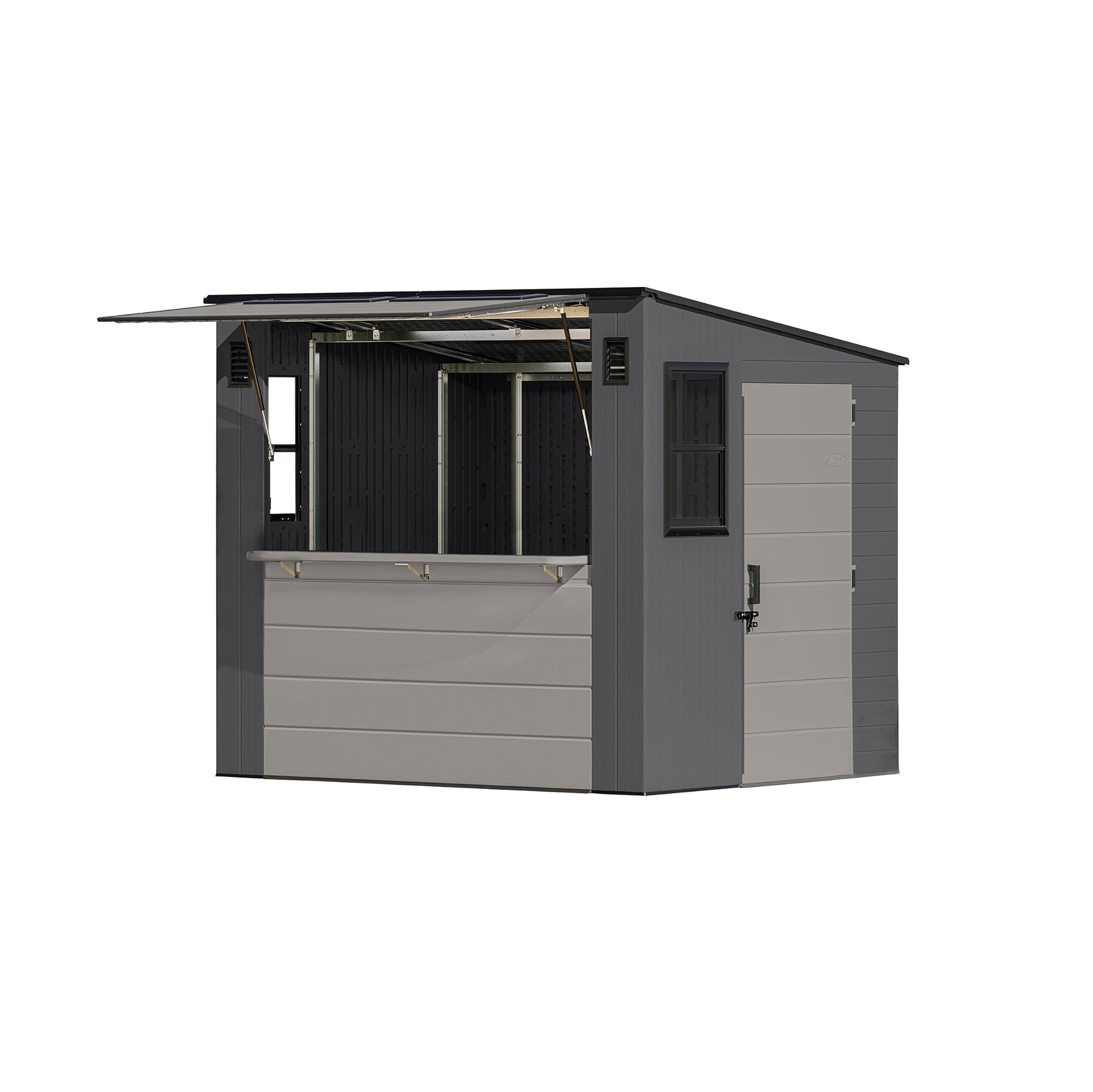 Suncast 8' x 7' Cabana Entertainment Storage Shed, All-Weather Outdoor Backyard Shelter with 2 Windows and Fold-Down Bar Top, Gray