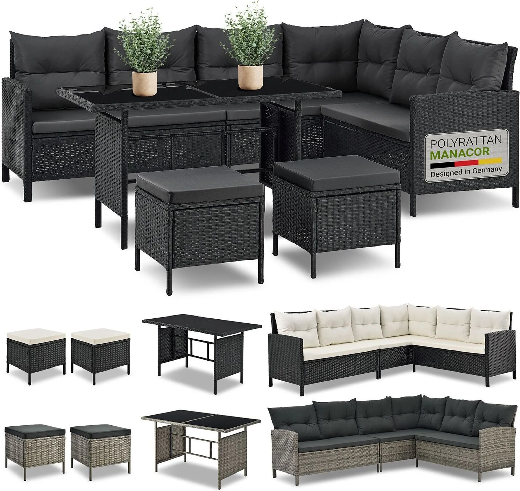 Juskys Polyrattan Lounge Manacor - Sofa, Tisch, Hocker & Kissen - Schwarz & Grau