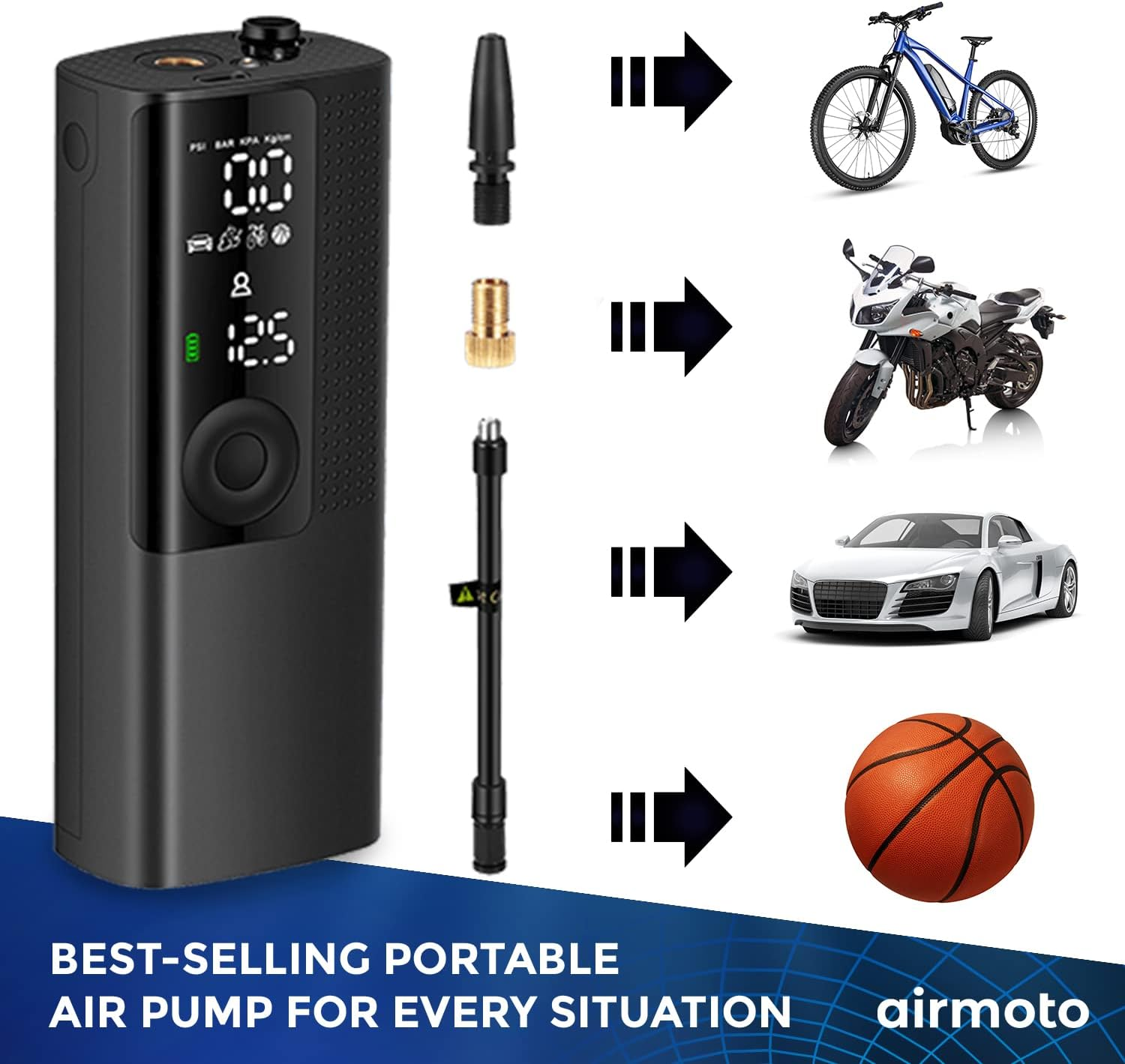 Airmoto Tire Inflator Portable Air Compressor/Pump for Car Tires w/Digital Tire Pressure Gauge - Air Compressor (120 PSI) - Motorcycle, Electric Bike Pump and Bicycle Pump w/LED Light