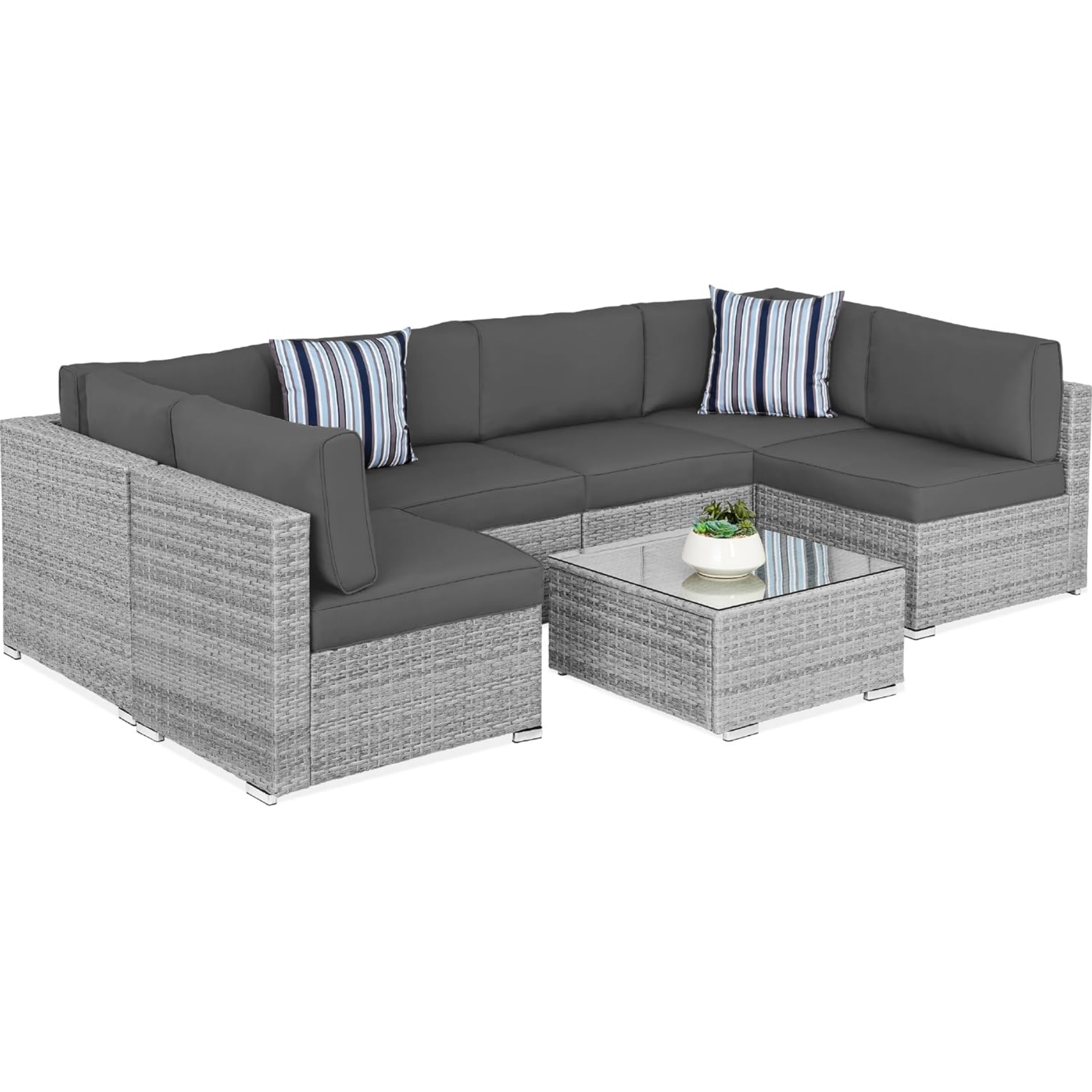7-Piece Modular Outdoor Sectional Wicker Patio Conversation Set w/ 2 Pillows, Coffee Table