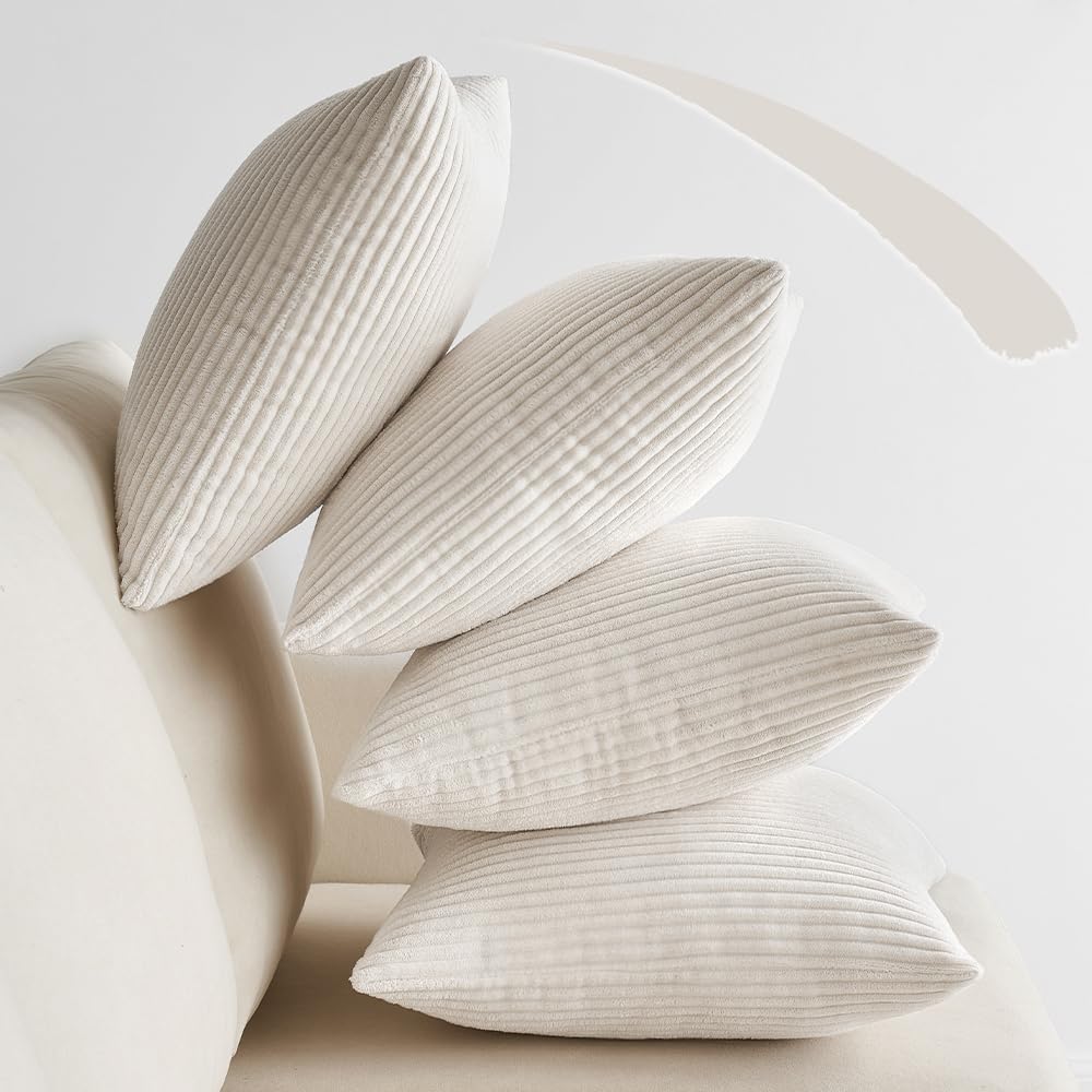 EMEMA Kissenbezug Kordsamt Zierkissenbezug 4er Set Dekokissen Sofakissen 50x50 cm Kord Kissenhülle Dekorative Weiche Zierkissenbezüge Kissen für Sofa Sessel Zuhause Schlafzimmer Creme