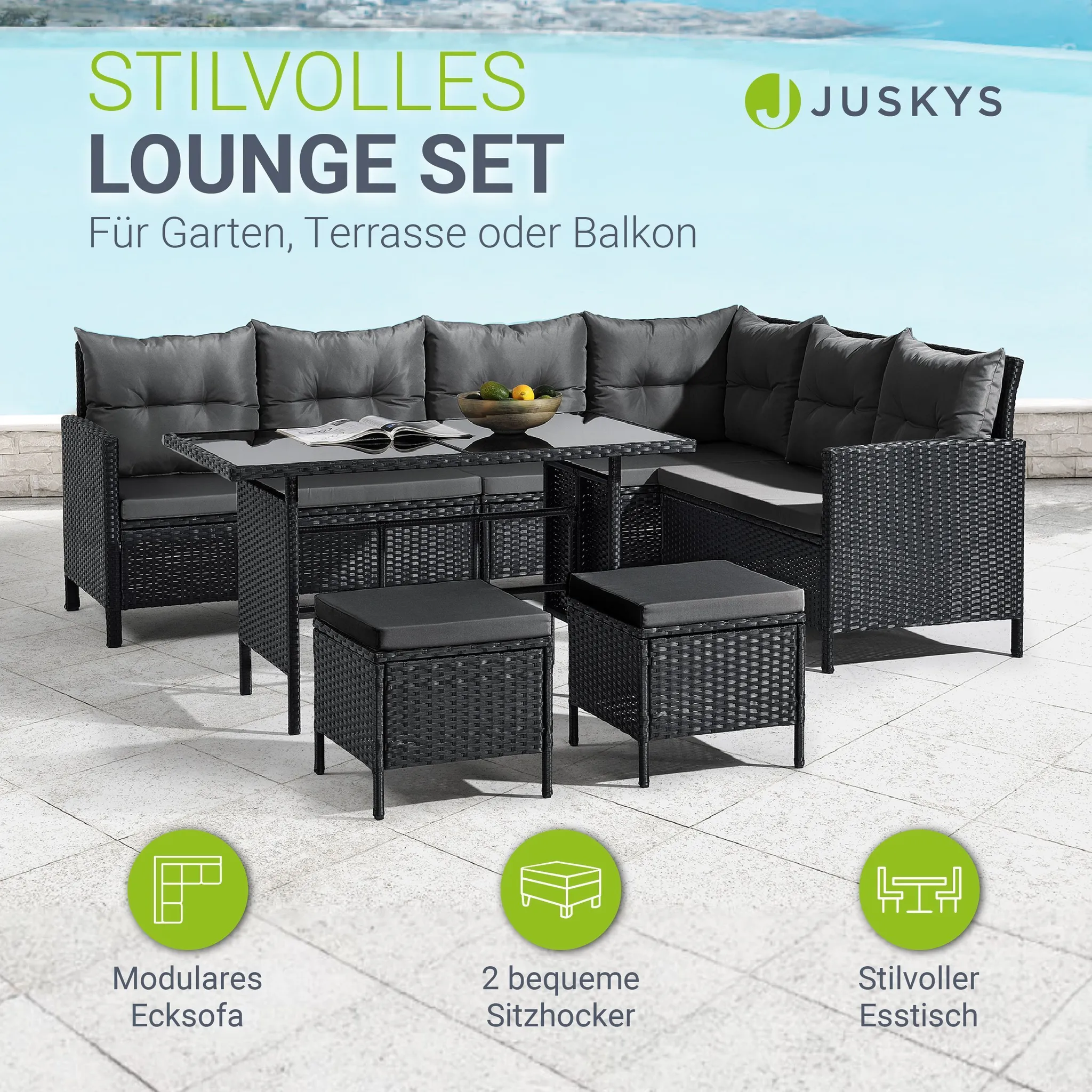 Juskys Polyrattan Lounge Manacor - Sofa, Tisch, Hocker & Kissen - Schwarz & Grau