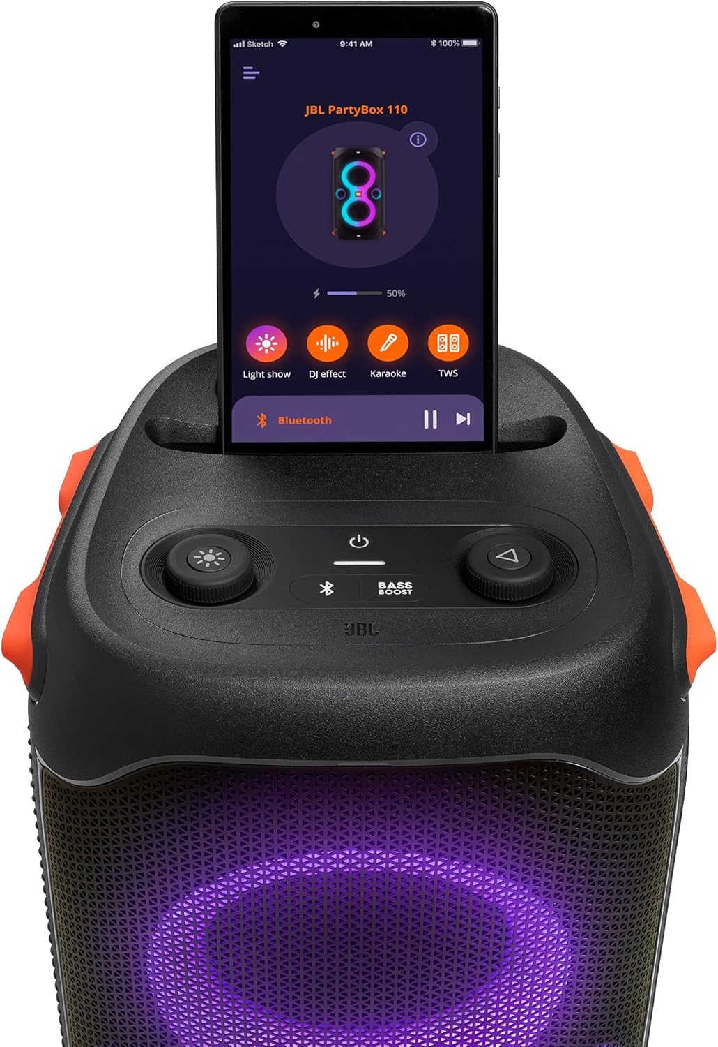 JBL PartyBox 110 - Schwarz – Trag - und rollbarer Bluetooth Party-Lautsprecher mit Lichteffekten – Spritzwassergeschützte, mobile Musikbox mit Akku