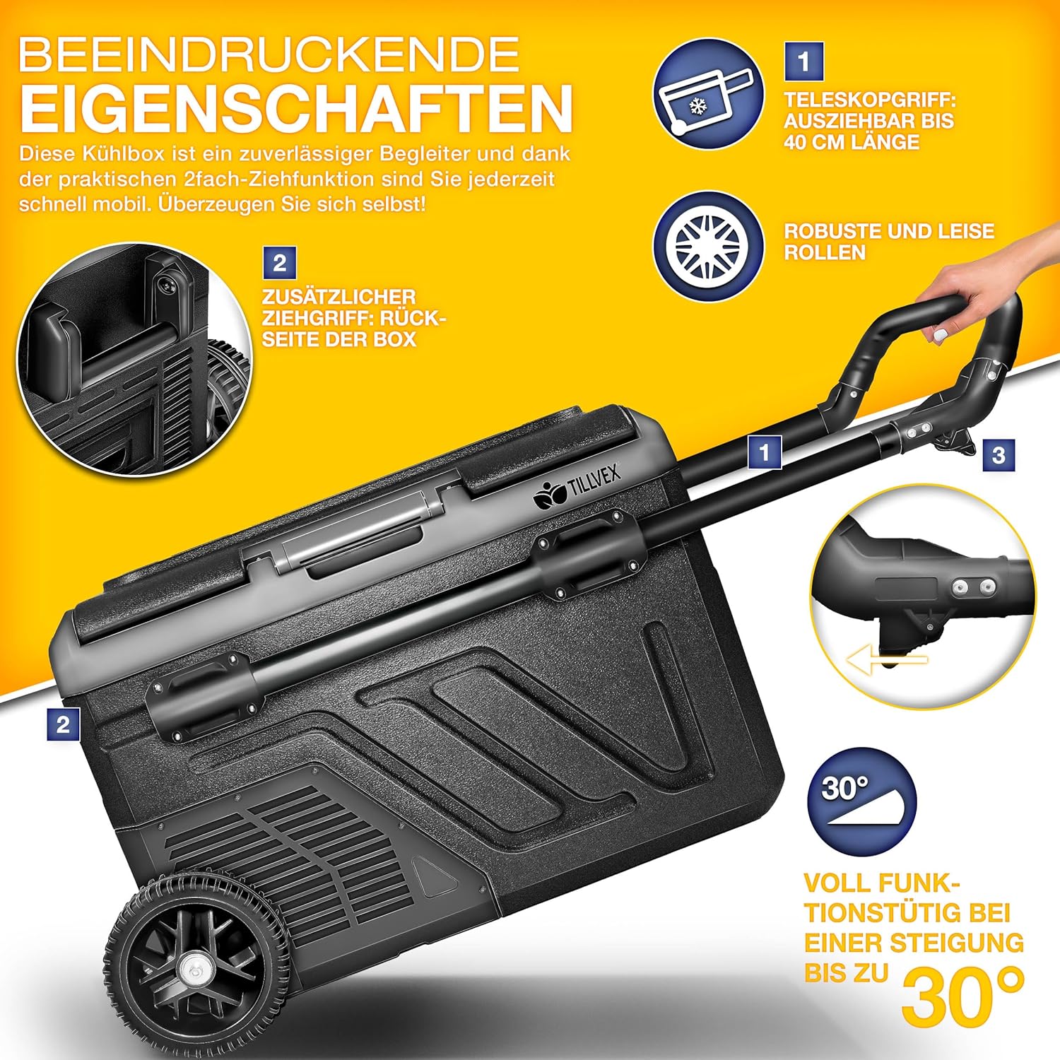 tillvex® Kompressor Kühlbox elektrisch 40-60 Liter | Elektrische Gefrierbox WIFI-APP-Steuerung 12/24 V 230V | Kühlschrank bis -20 °C für Auto, Lkw, Camping (Schwarz, 50 Liter - mit Akku) [Energieklasse B]