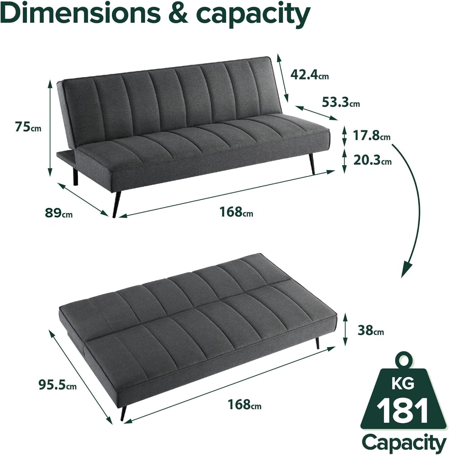 Zinus Quinn Clic Clac Sofa Bed - 2-in-1 Folding Sofa Bed - Suitable for Guest Rooms and Small Spaces