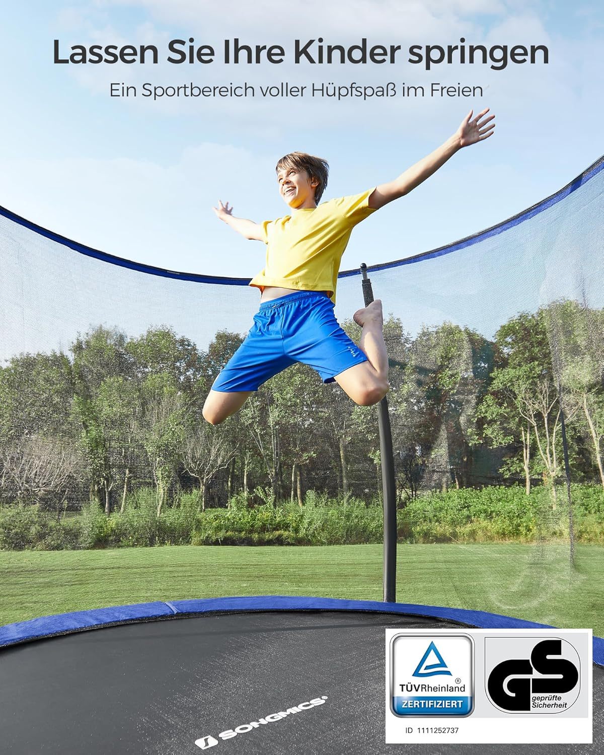 SONGMICS Outdoor Trampoline Ø 244 cm, Round Garden Trampoline for Children with Safety Net, Edge Cover, Ladder and Padded Poles