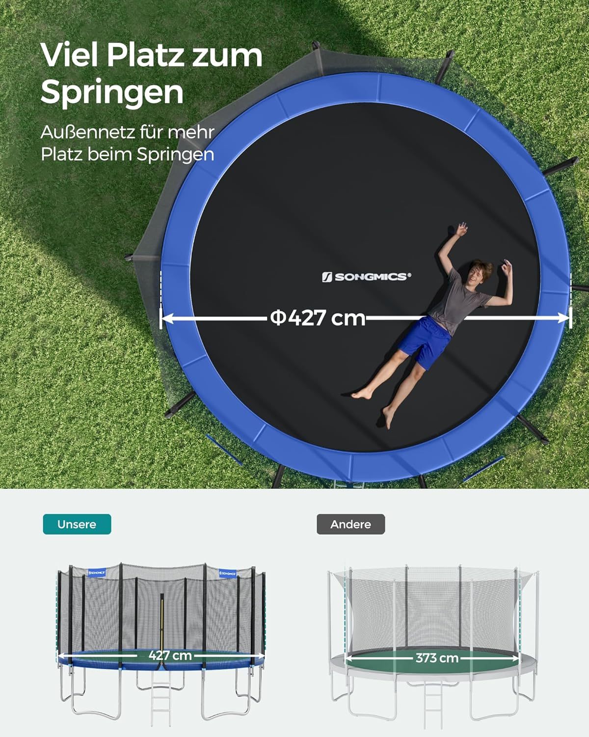SONGMICS Outdoor Trampoline Ø 427 cm, Round Garden Trampoline with Safety Net, Ladder and Padded Poles