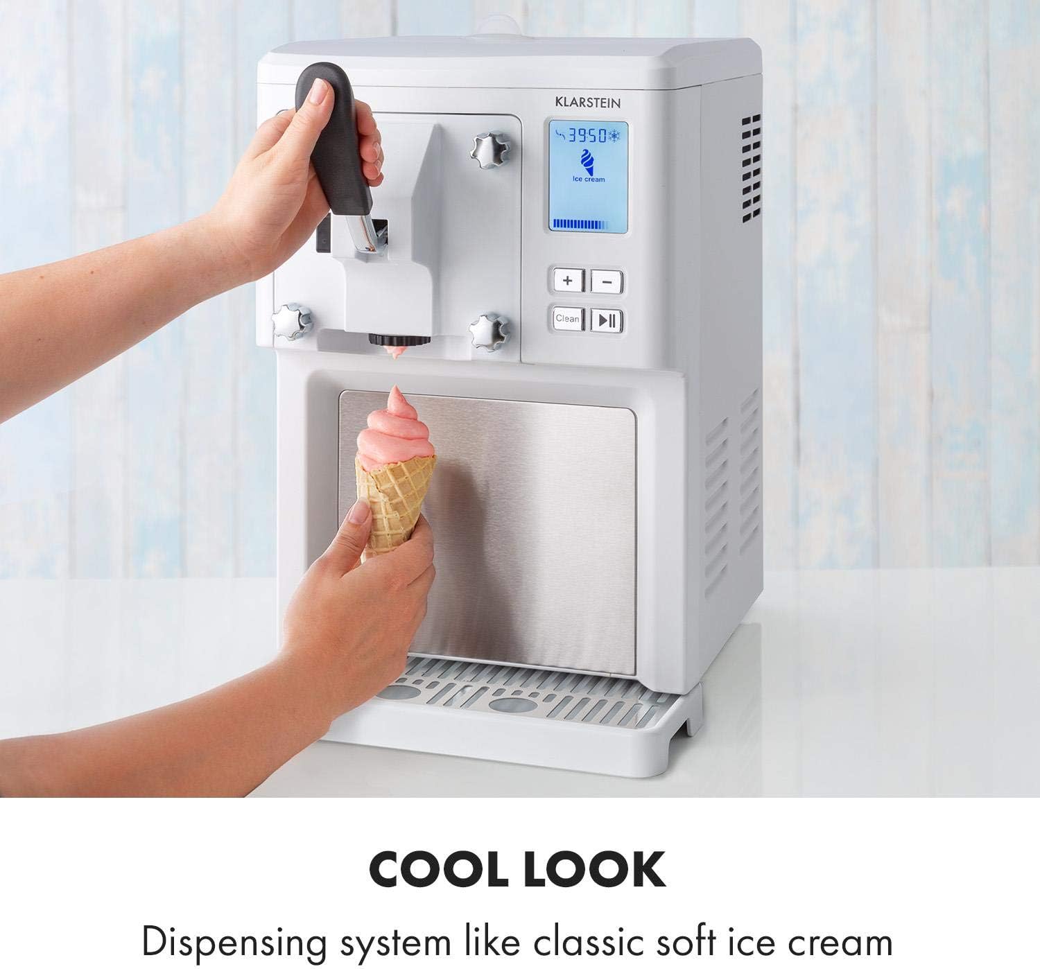Klarstein Sweet Sundae- Ice Cream Machine, 1.5 Litres, with Self-Cooling Compressor, 200 Watts, Dispensing System, 3 Hour Auto-Cooling Function, Automatic Cleaning System, Stainless Steel