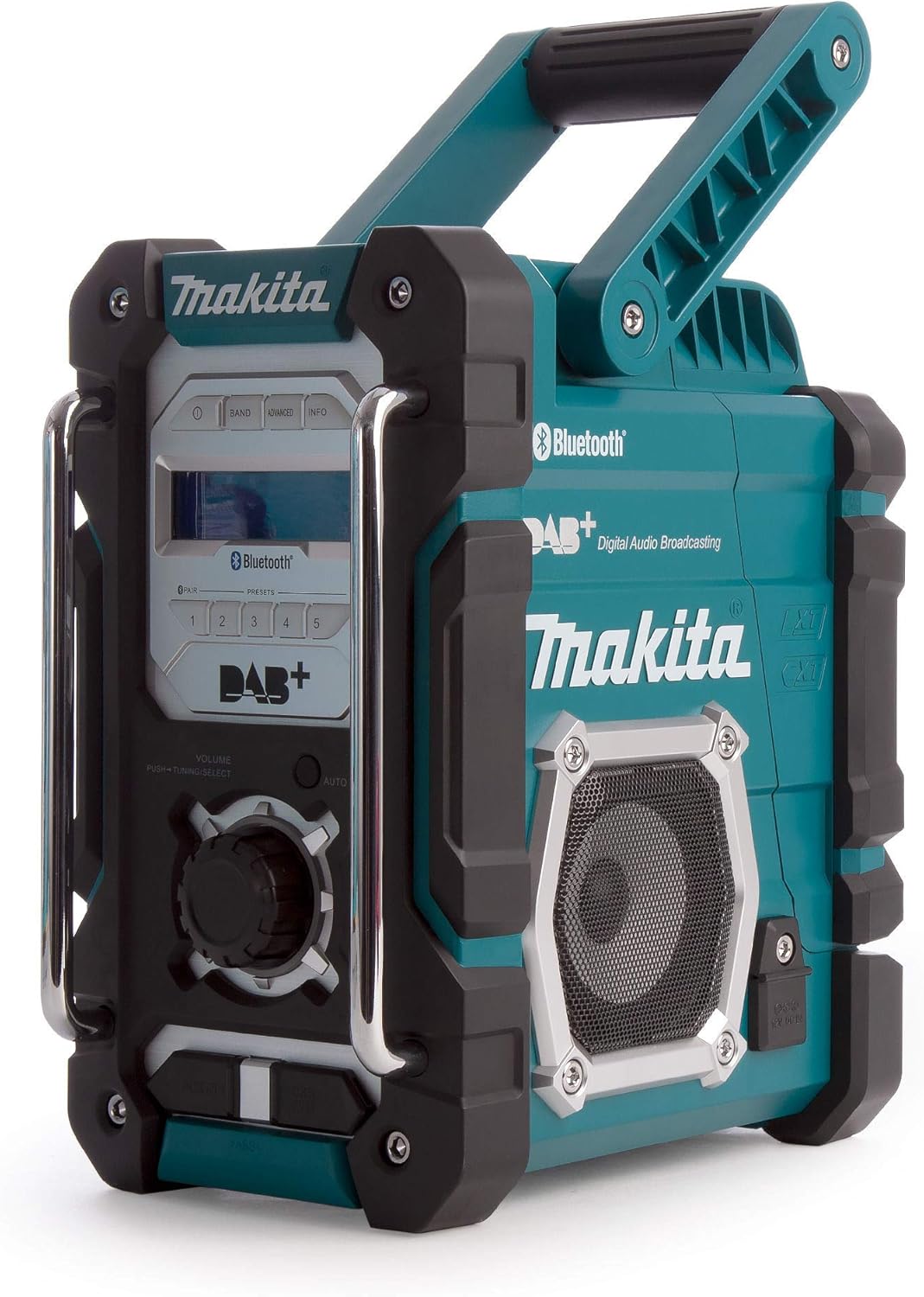 Makita DHP482RFX9 Akku-Schlagbohrschrauber 18V / 3,0 Ah, 2 Akkus + Ladegerät im Alukoffer + 96-tlg. Zubehör-Set & DMR112 Akku-Baustellenradio 7,2 V - 18 V mit DAB+ und Bluetooth, türkis