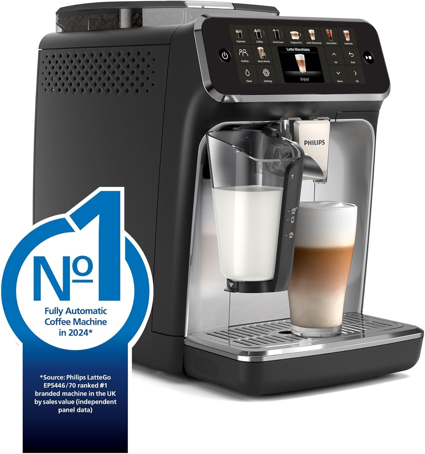 Philips 5500 Series Fully Automatic Espresso Machine – 20 Hot & Iced Coffees, Quick-to-Clean LatteGo Milk System, 40% quieter with SilentBrew, Less waiting with QuickStart, Black, Silver (EP5546/70)
