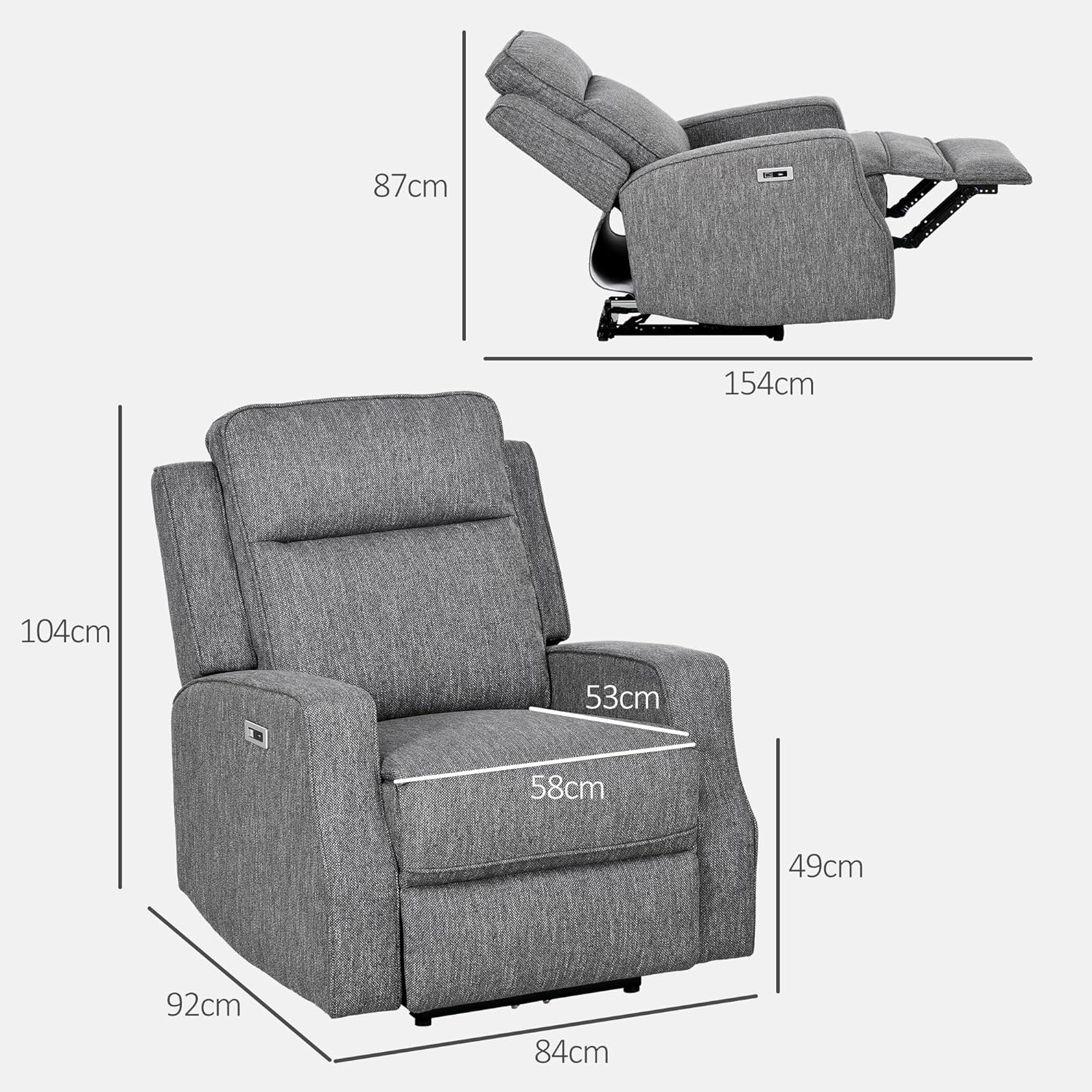 HOMCOM Electric Fabric Recliner Armchair, Reclining Chair with Adjustable Leg Rest, USB Port, for Limited Space Home Living Room, Charcoal Grey