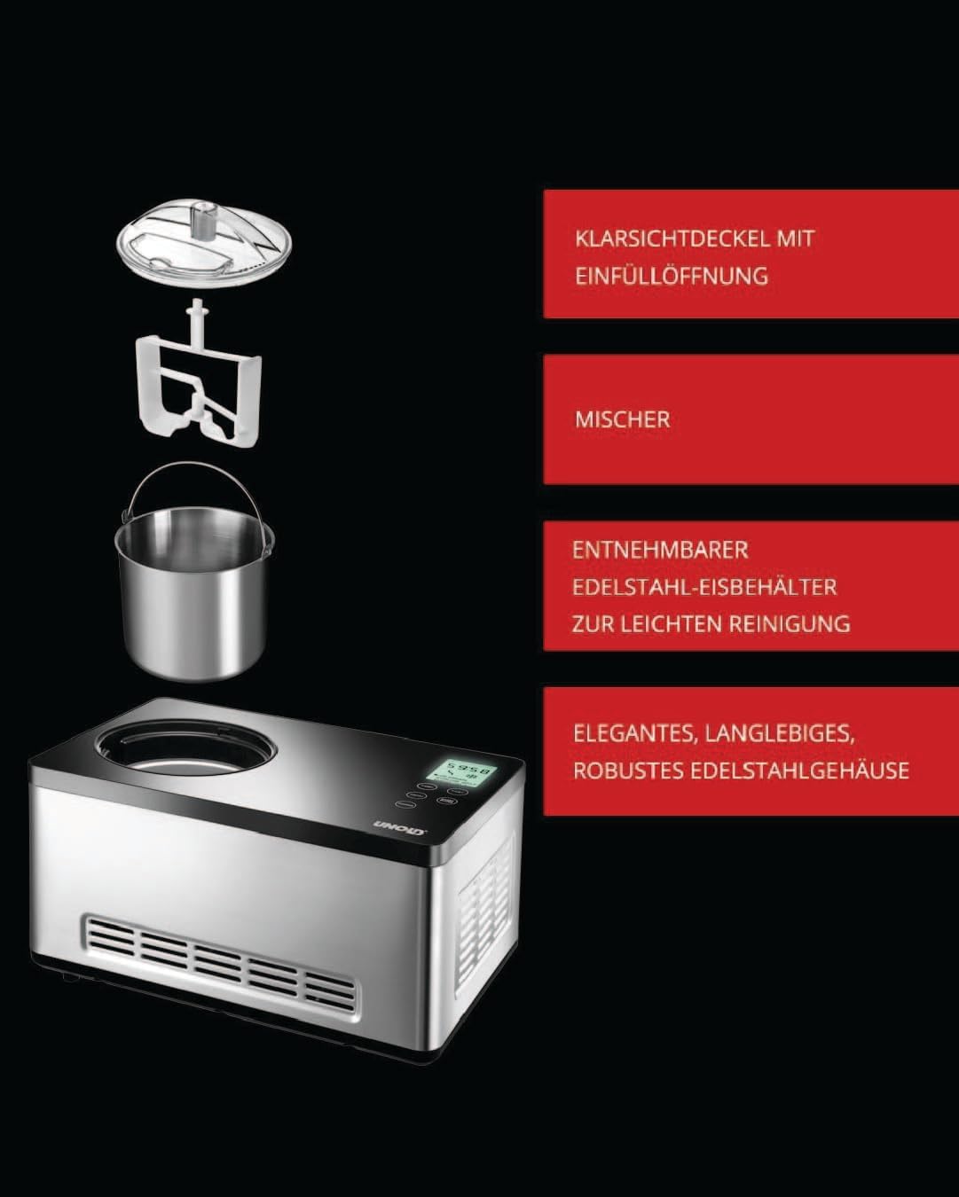 Unold Ice Cream Maker Gusto 48845, 2L Stainless Steel Bowl, Self-Cooling Compressor, Automatic, Includes Recipe Book