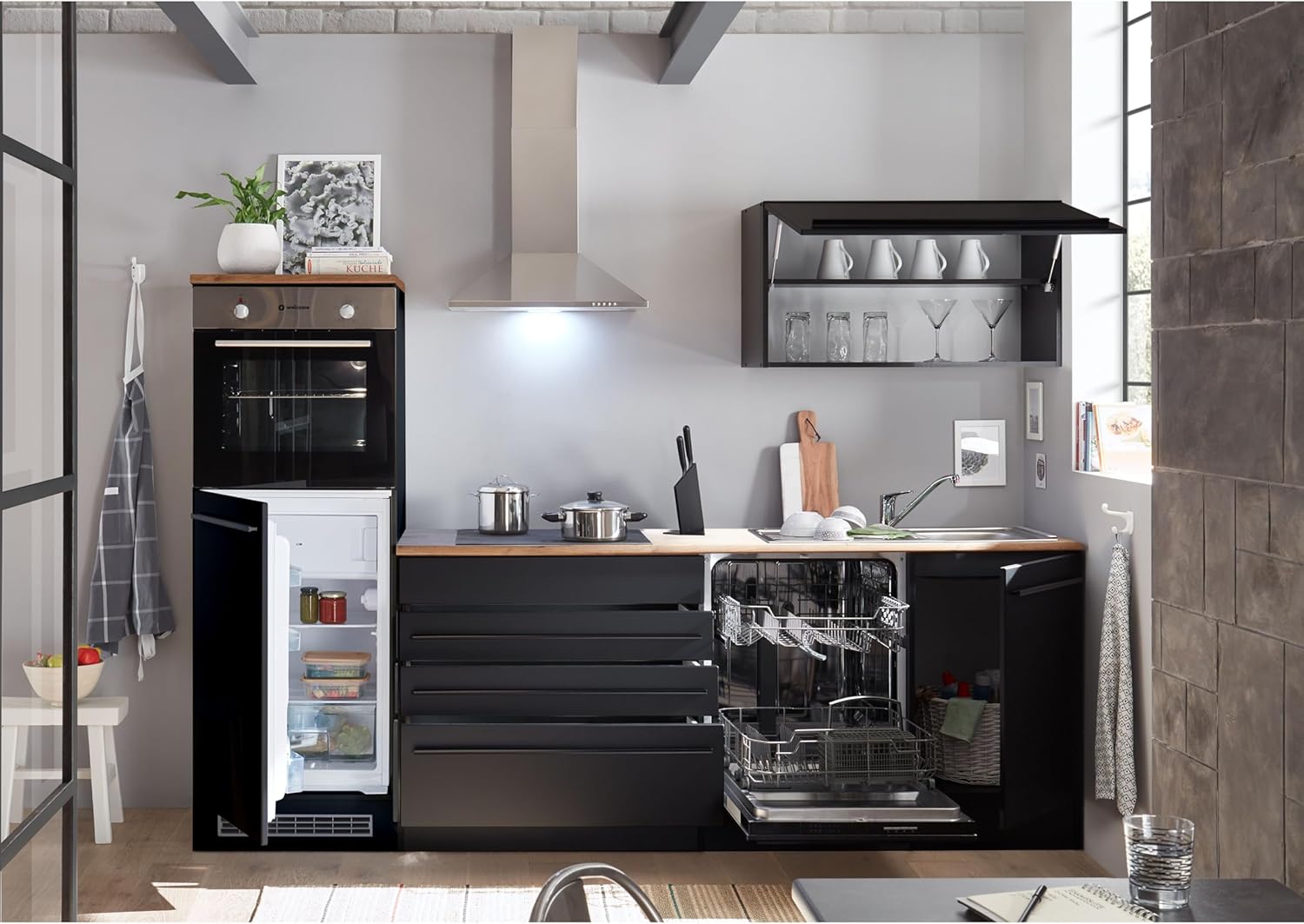 Jazz 6 Modern Kitchen Unit with Electrical Appliances in Matt Black, Lanzelot Oak Look - Spacious Fitted Kitchen with Lots of Storage Space - 260 x 200 x 60 cm (W x H x D)