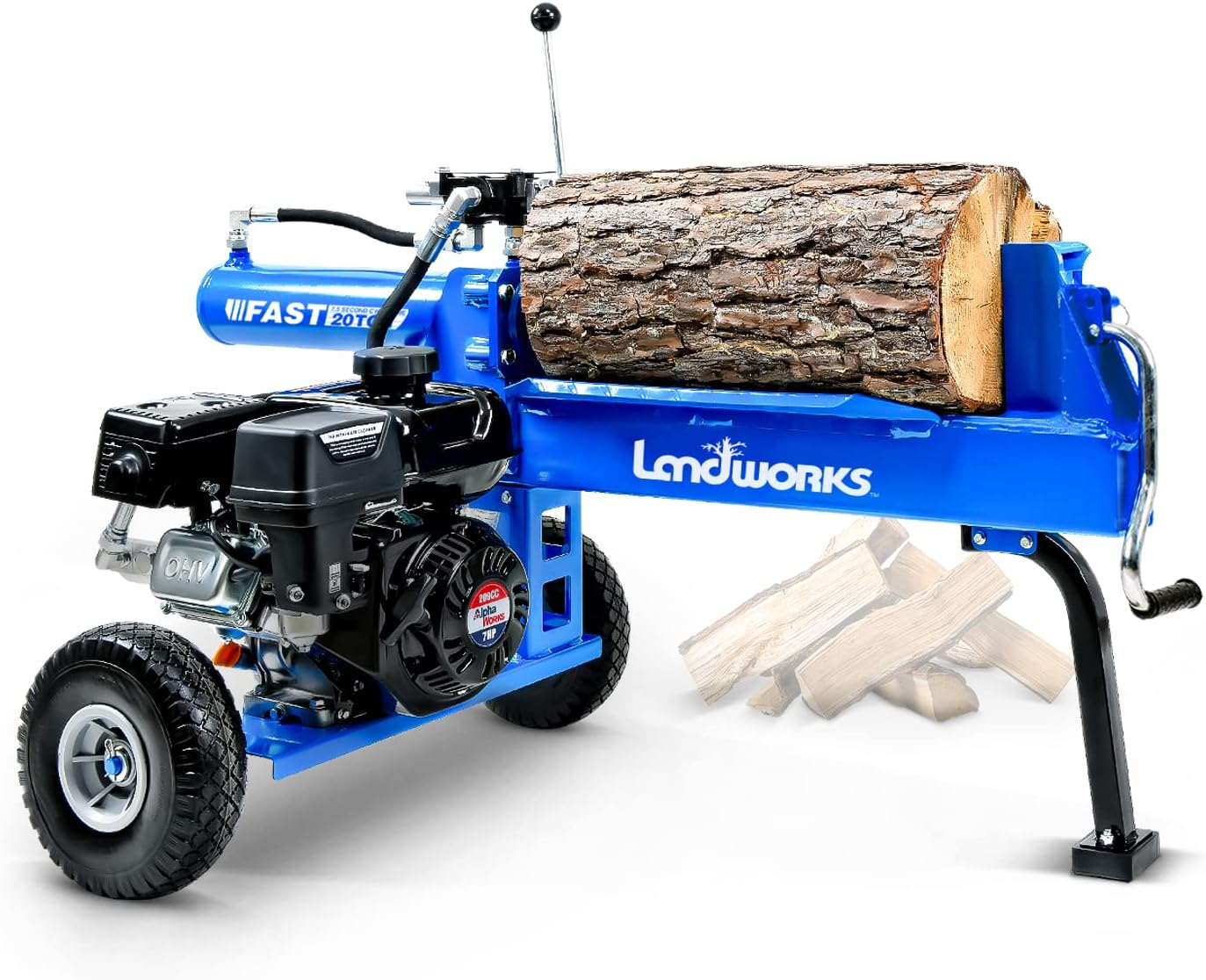 Landworks Log Splitter Portable 20 Ton Rapid Auto Return Ram System Bucher Gear Pump 7HP Engine Horizontal Full Beam Steel Wedge Firewood Splitting Forestry Harvesting