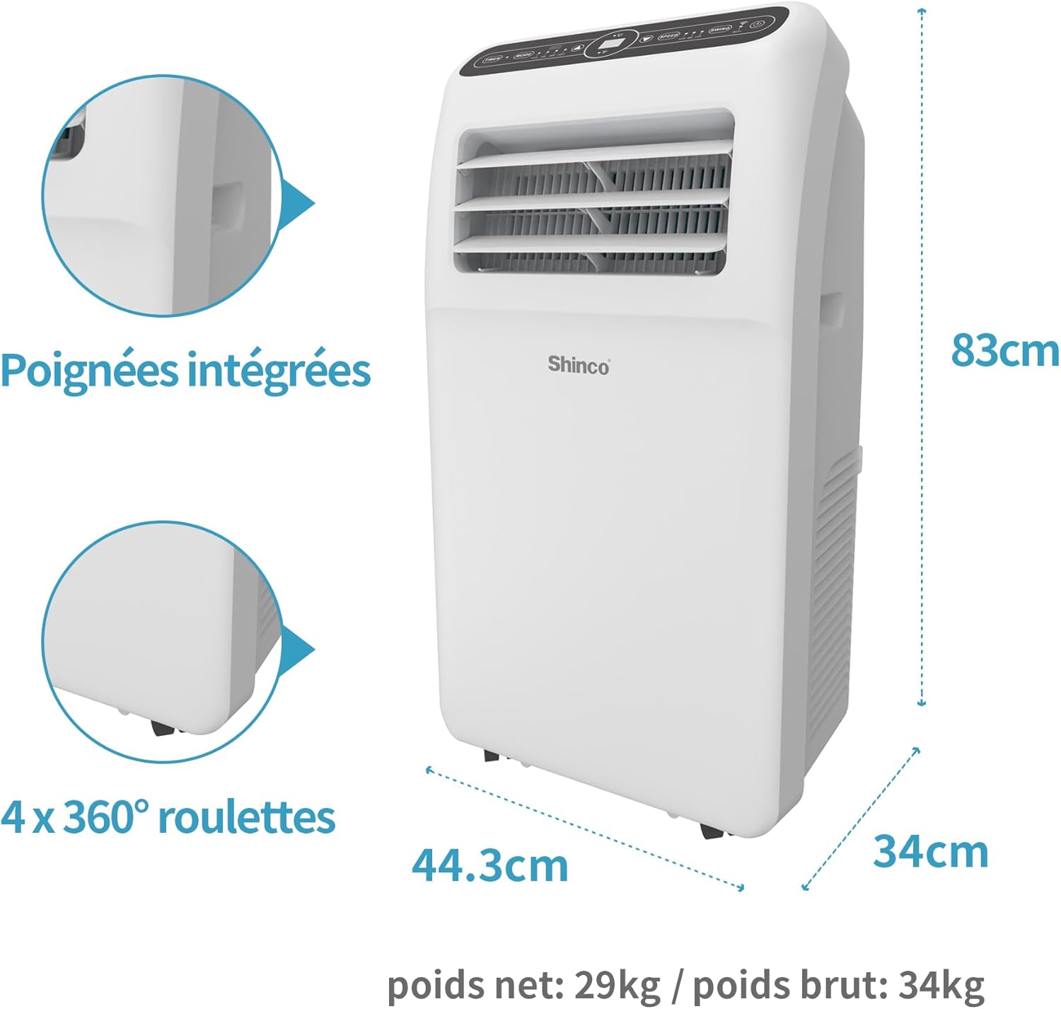 SHINCO Climatiseur Mobile Wifi 12000 BTU/h, Eco R290, 3,5 kW, 4 en 1 Refroidissement, Chauffage, ventilateur, Déshumidificateur, Blanc [Classe énergétique A]
