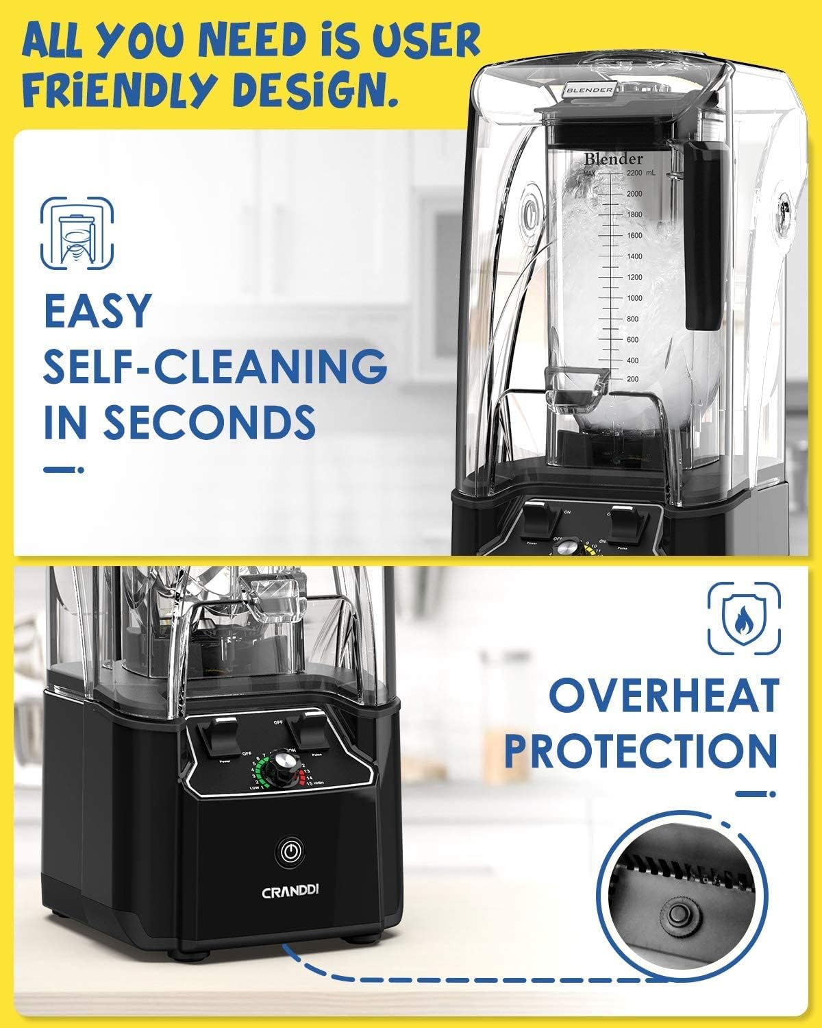 CRANDDI Commercial Quiet Blender 2200 Watt for Kitchen with Soundproof Shield Cover, Heavy Duty High Speed Blender with 80oz Pitcher and Self-Cleaning, K90 Black