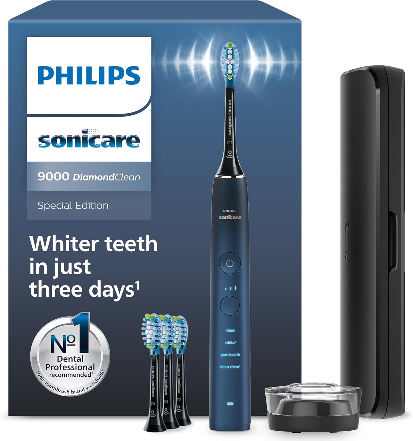 Philips Sonicare DiamondClean elektrische Zahnbürste der 9000er Serie – Schallzahnbürste, sauberere Zähne und Mundpflege mit 4x C3 Premium Plaque Defense-Bürstenköpfen, Aquamarine (Modell HX9911/89)