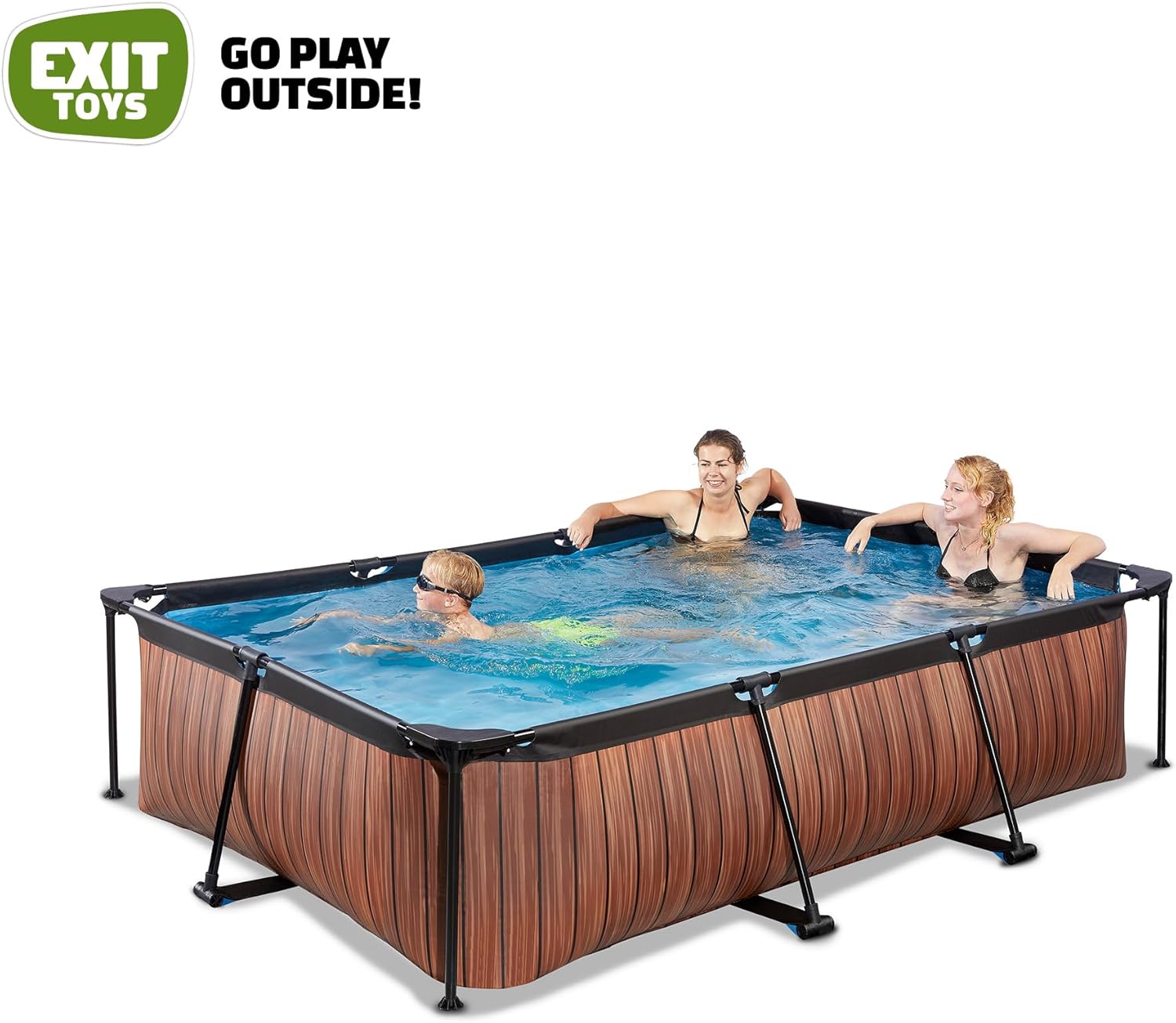 EXIT TOYS Piscine en Bois - 300 x 200 x 65 cm - Rectangulaire et compacte - avec Pompe à Filtre à Cartouche - Facile d'accès - Convient pour Les Tout-Petits - Cadre Solide - Design Unique - Marron