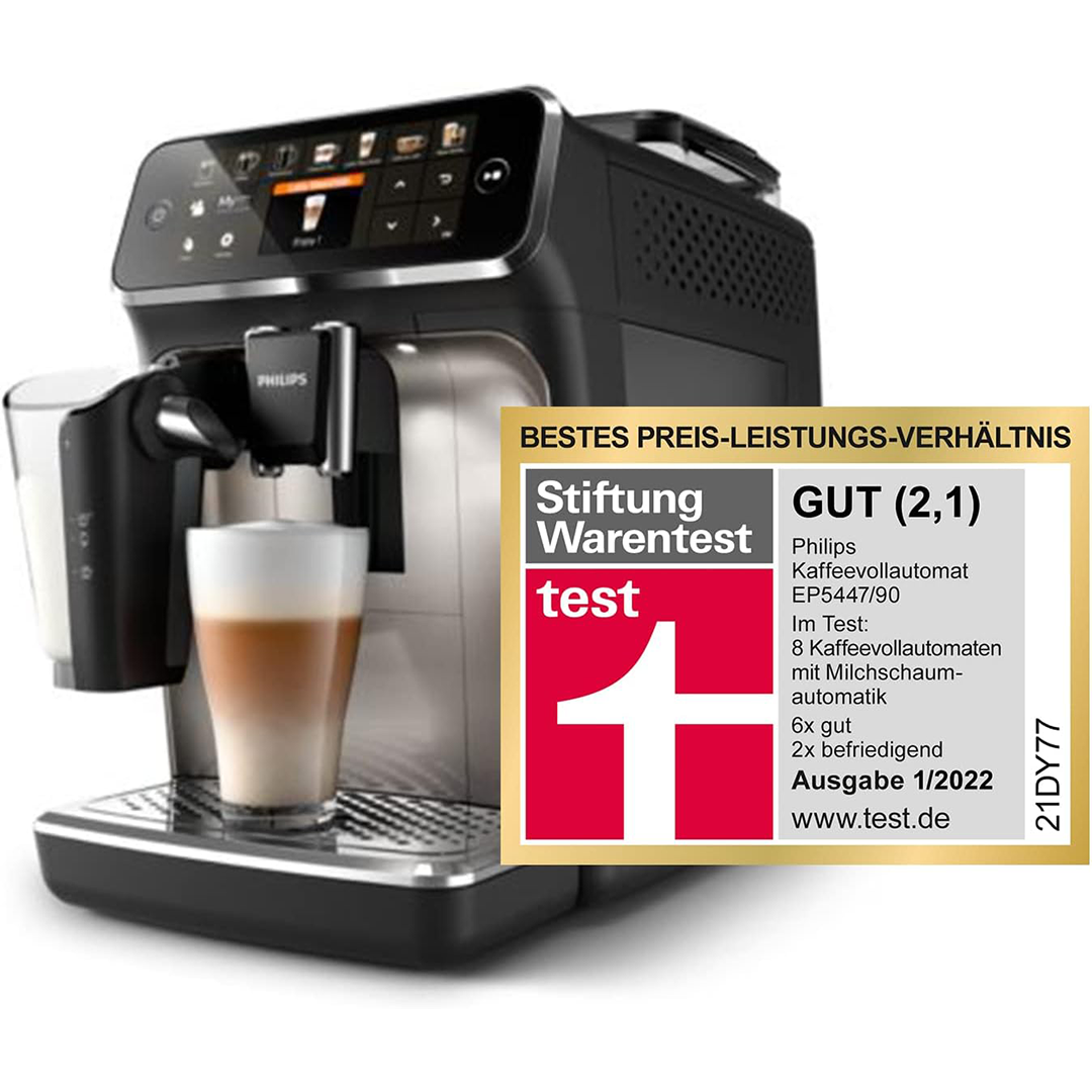 Philips Series 5400 Kaffeevollautomat – LatteGo Milchsystem, 12 Kaffeespezialitäten, Intuitives Display, 4 Benutzerprofile, Chrom