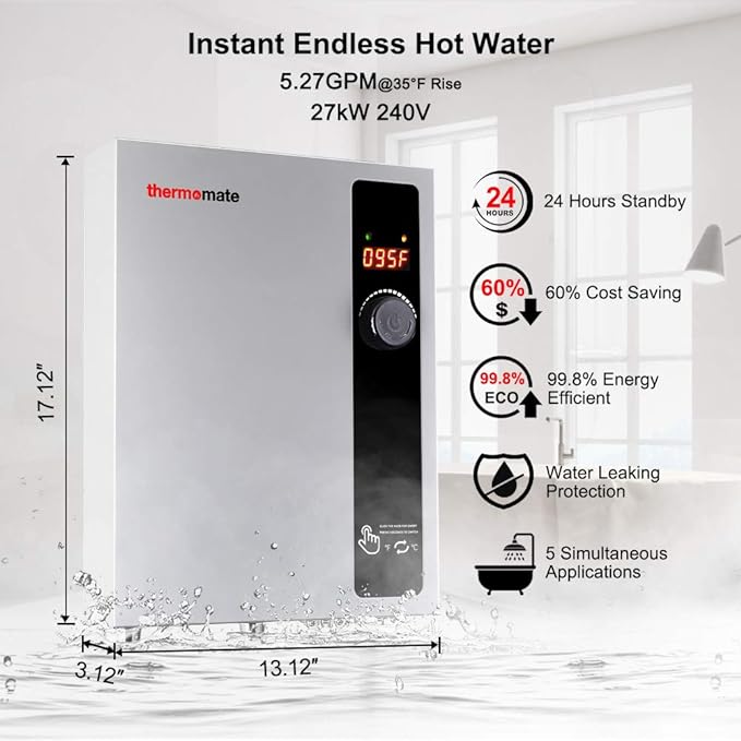 Tankless Water Heater Electric 27kW 208~240 Volt, ThermoMate On Demand Instant Endless Hot Water Heater, Self-Modulating Saving Energy for Residential Whole House Shower, 114A GRAY