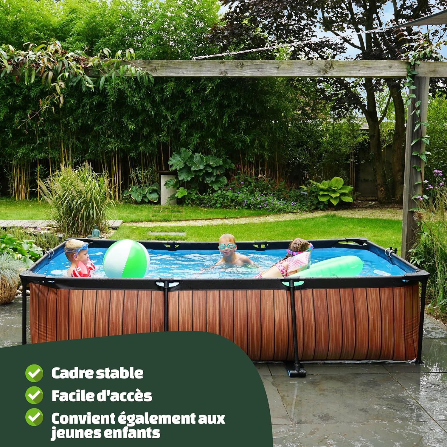 EXIT TOYS Piscine en Bois - 300 x 200 x 65 cm - Rectangulaire et compacte - avec Pompe à Filtre à Cartouche - Facile d'accès - Convient pour Les Tout-Petits - Cadre Solide - Design Unique - Marron