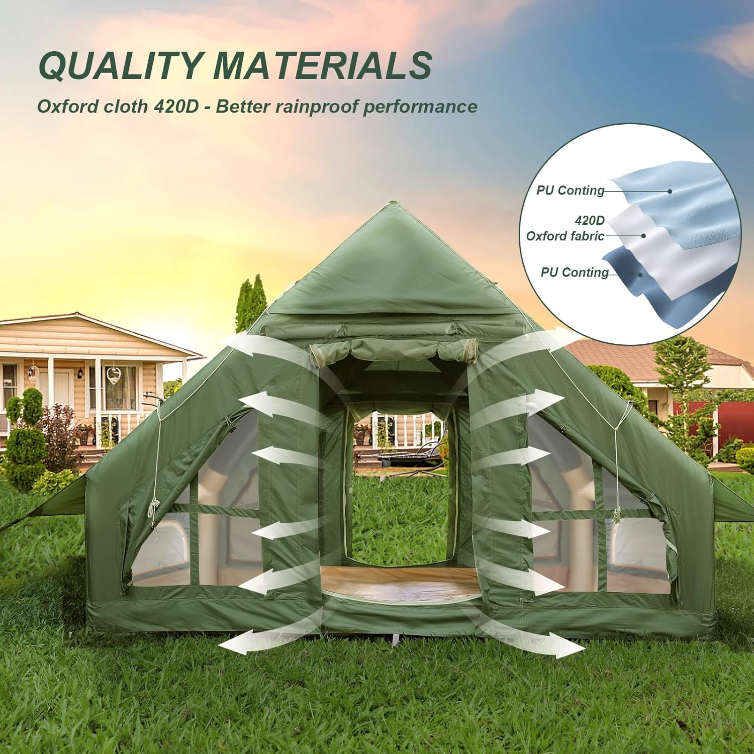 KIKILIVE Inflatable Camping Tent, 4-6 Person Inflatable Tent for Camping, Easy Setup Waterproof Glamping Tent with Pump and Stove Jack, Mosquito Screen