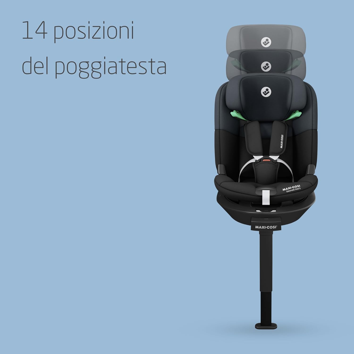 Maxi-Cosi Emerald 360 S i-Size, Seggiolino auto girevole 360, 0-12 anni (40-150 cm), Seggiolino auto neonato, 4 posizioni reclinate, Protezione dagli impatti laterali G-CELL, Tonal Black