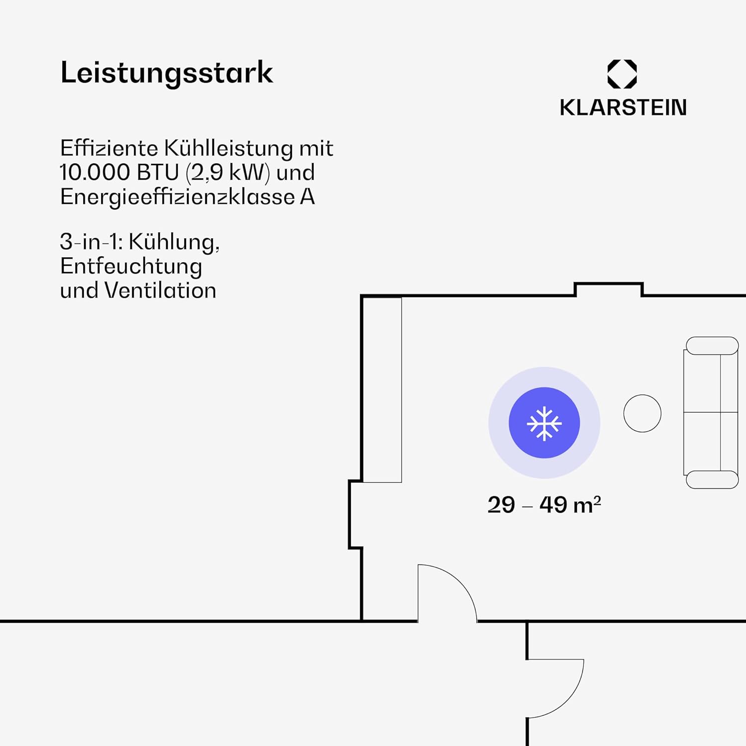 Klarstein Mobile Air Conditioner, 5-in-1 Air Conditioner, Fan, Dehumidifier, Air Purifier & Night Mode, App Control, Home Air Conditioner with Exhaust Hose, Air Conditioner, 10,000 BTU White [Energy Class A]