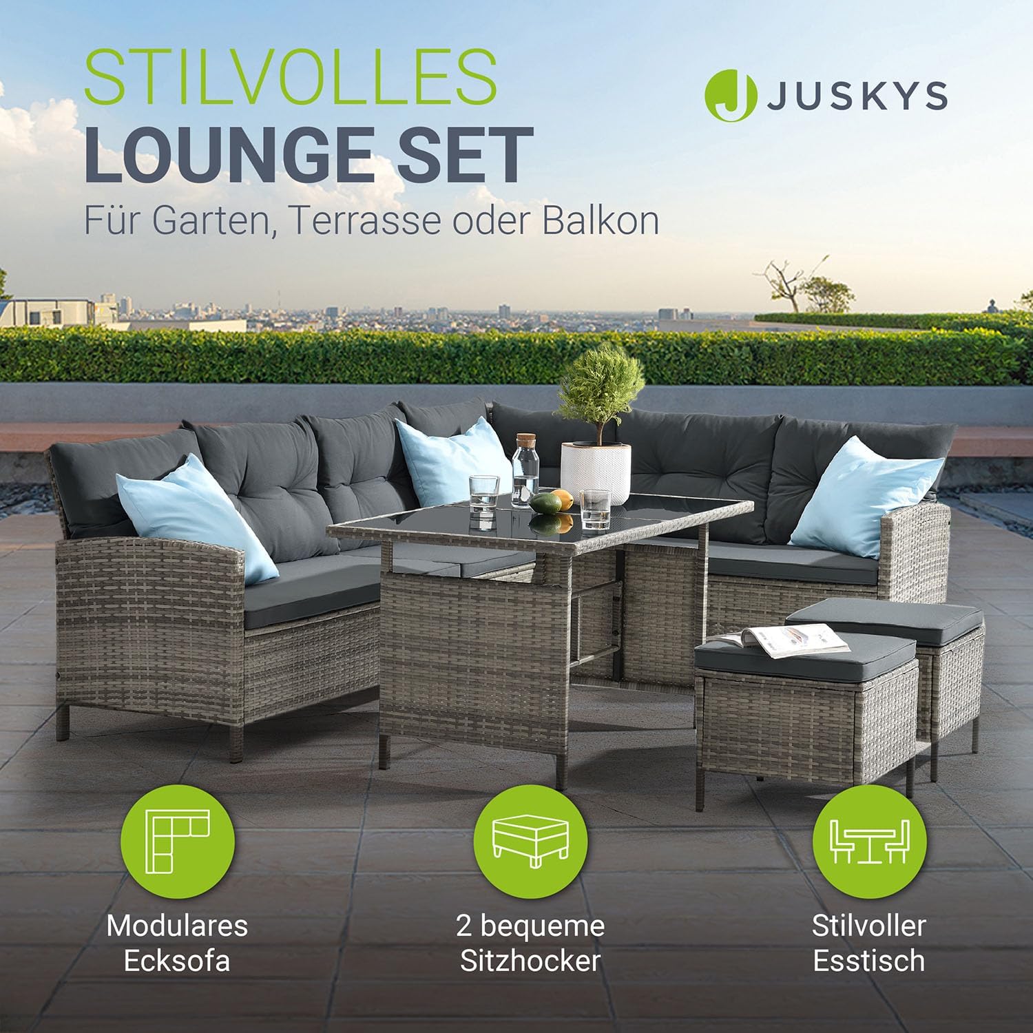 Juskys Manacor Polyrattan Lounge with Corner Sofa, Dining Table, 2 Stools & Cushions - Weatherproof up to 7 People - Washable Covers - Rattan Garden Furniture Set - Grey Mottled