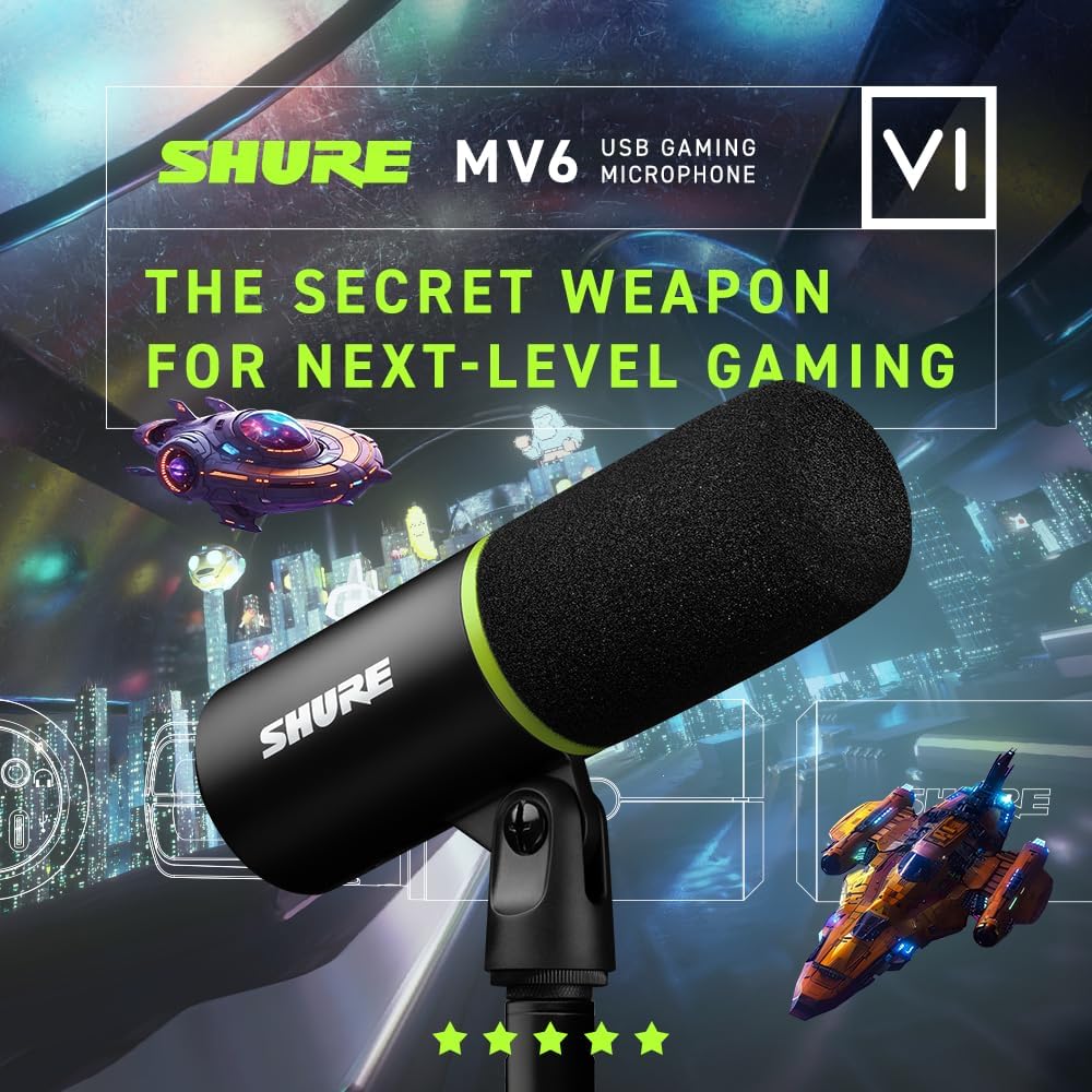 Shure MV6 Micro USB Gaming, USB-C, Microphone Dynamique, Mode Auto Level, Digital Popper Stopper, pour PC Gamers, Streamers