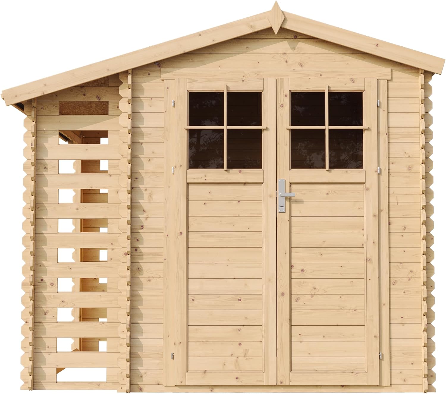 TIMBELA M386F Wooden Garden Shed with Firewood Shed, High-Quality Lockable Door, Garden Shed Wood, W 272 x L 206 x H 218 cm / 3.53 + 0.97 m2 Storage Shed for Garden - Waterproof Roof