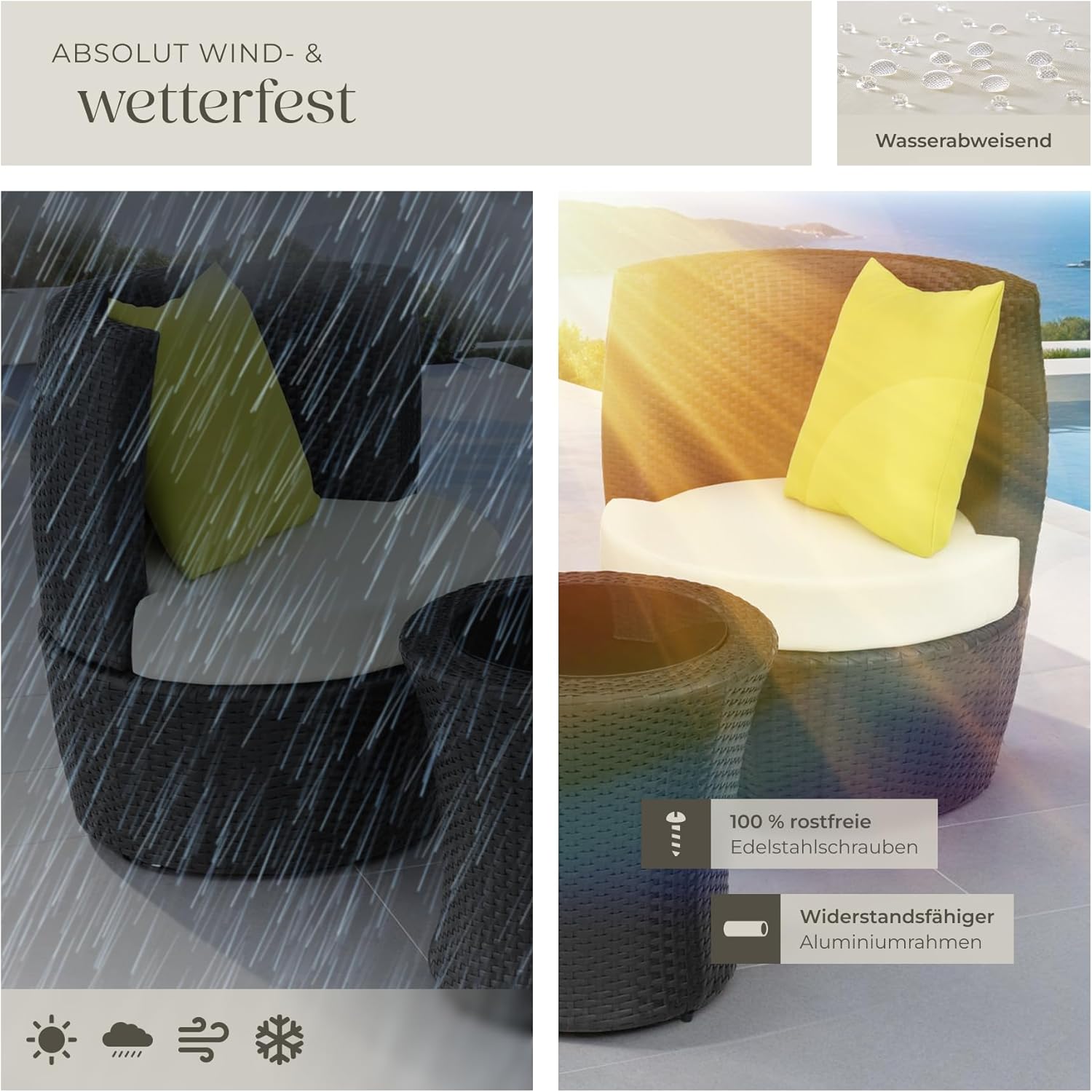 tectake® Rattan garden furniture set for 2 people, balcony furniture set, garden furniture set with 2 chairs, 1 x round side table, 1 x vase, can be folded to save space