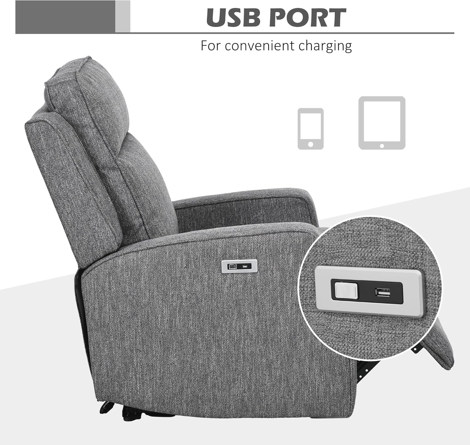 HOMCOM Electric Fabric Recliner Armchair, Reclining Chair with Adjustable Leg Rest, USB Port, for Limited Space Home Living Room, Charcoal Grey
