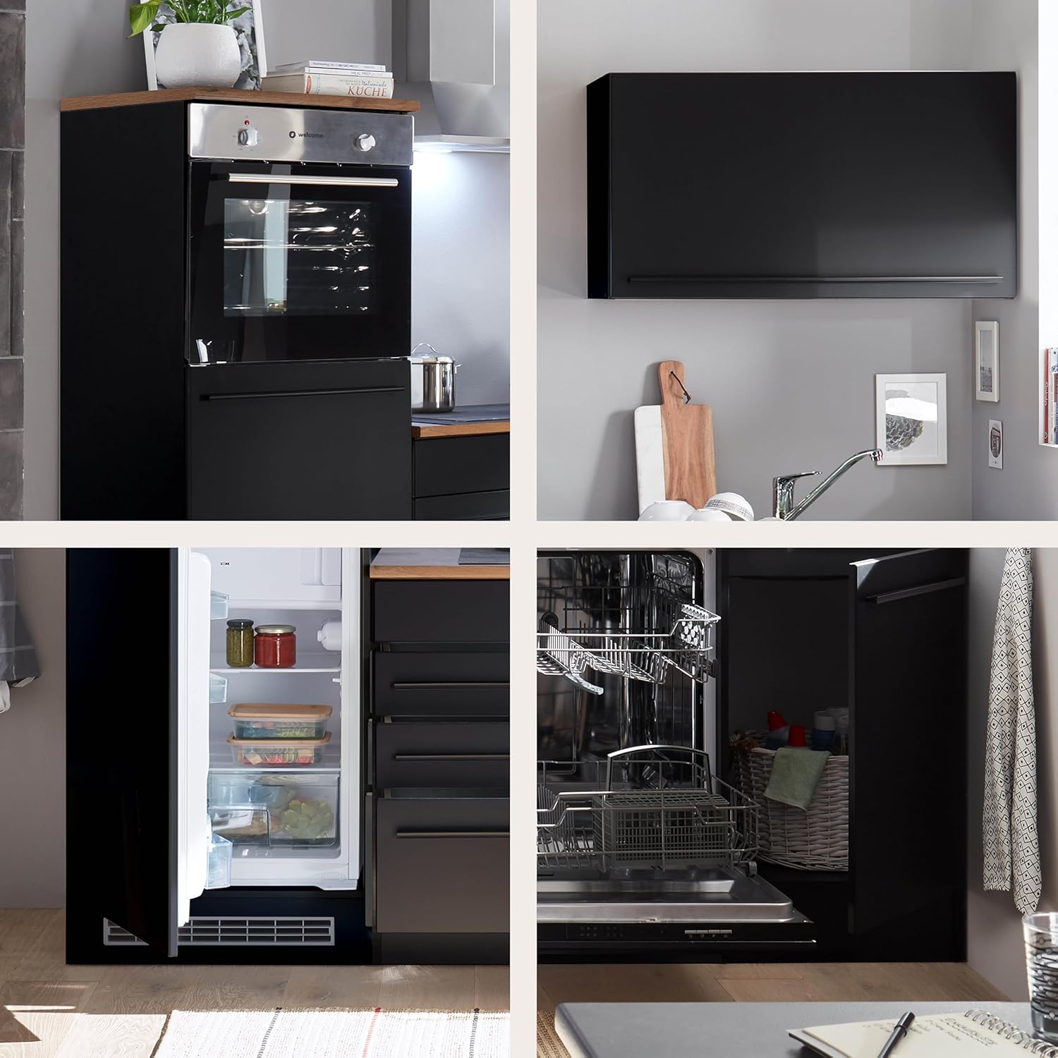 Jazz 6 Modern Kitchen Unit with Electrical Appliances in Matt Black, Lanzelot Oak Look - Spacious Fitted Kitchen with Lots of Storage Space - 260 x 200 x 60 cm (W x H x D)