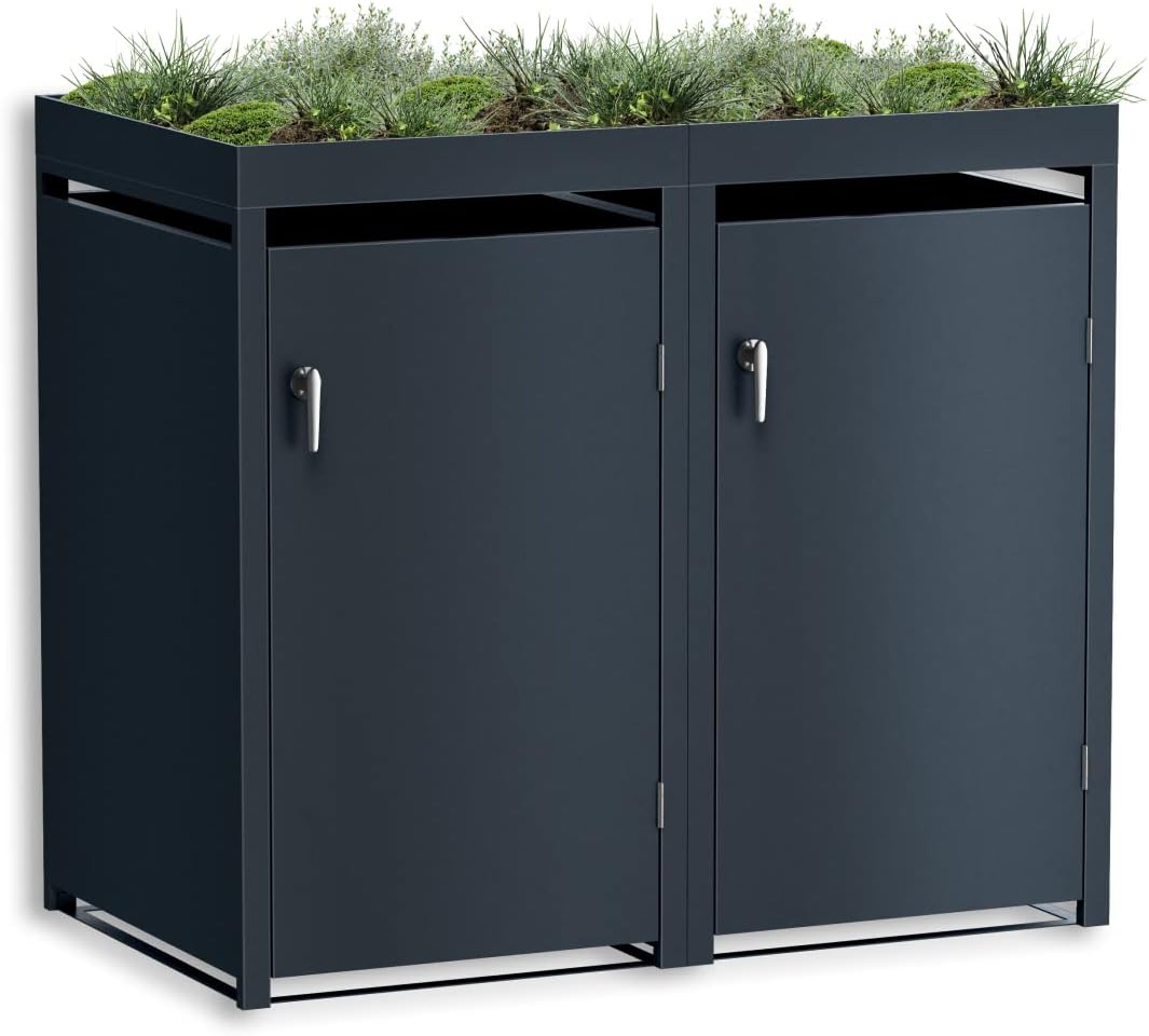 Metzler Wheelie Bin Box 4 Bins 240 L with Plant Roof, Roof Greenery in Anthracite with Plant Roof, Weatherproof, Pack of 4, Waste Container, Bin House, Lockable, Garden Box, Rubbish Box