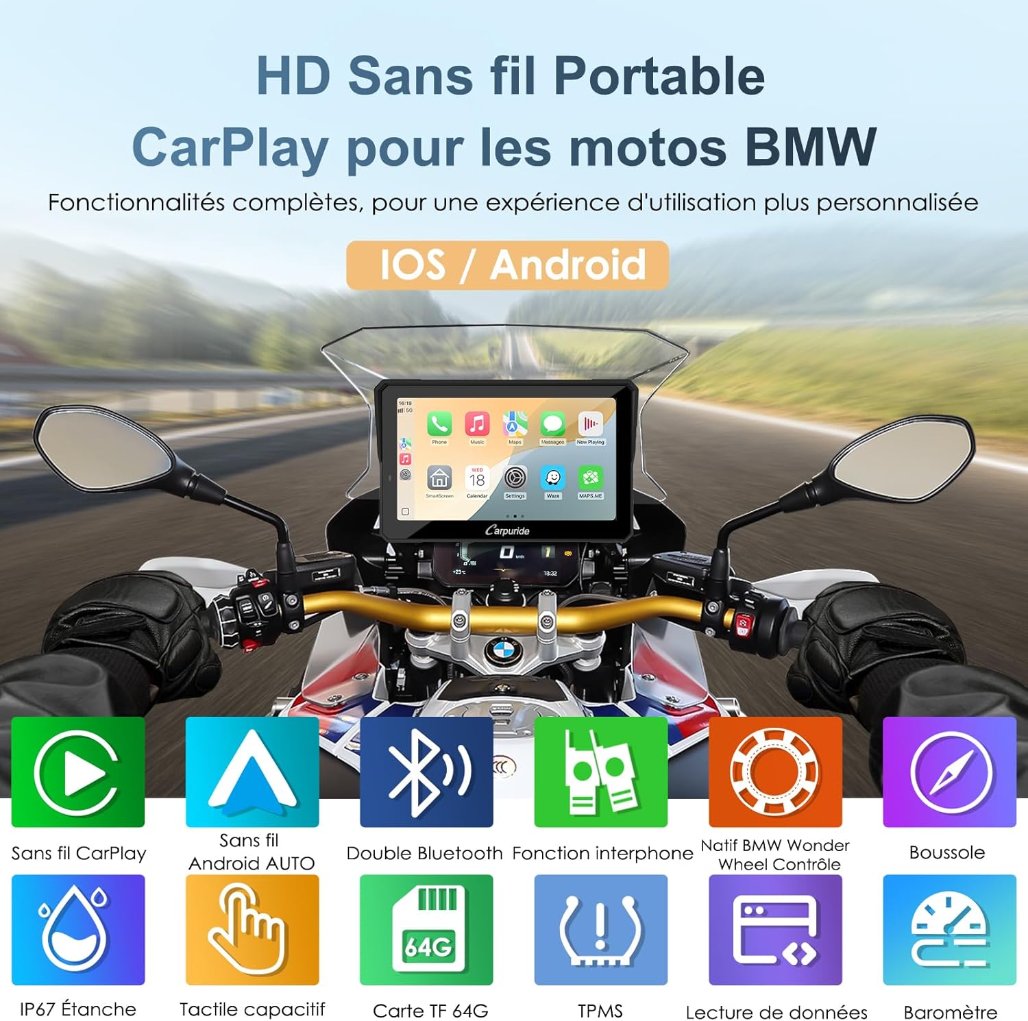 Carpuride W702BS Pro Moto Carplay Écran avec Natif Wonder Wheel pour BMW Moto, Sans Fil CarPlay et Android Auto, 7 Pouces Étanche Tactile Écran, Double Bluetooth, Interphone Fonction, Données Lecture.