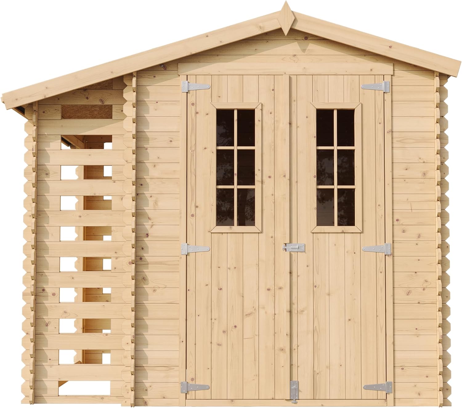 TIMBELA M386F Wooden Garden Shed with Firewood Shed, High-Quality Lockable Door, Garden Shed Wood, W 272 x L 206 x H 218 cm / 3.53 + 0.97 m2 Storage Shed for Garden - Waterproof Roof