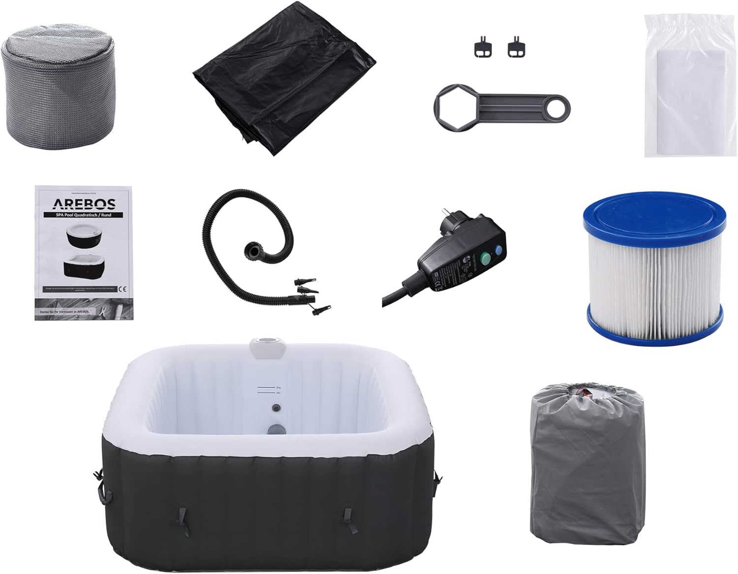 Arebos SPA Inflatable Whirlpool | Inflatable | Square | Indoor and Outdoor | 154 x 154 cm | 4 People | 130 Massage Jets | 600 L