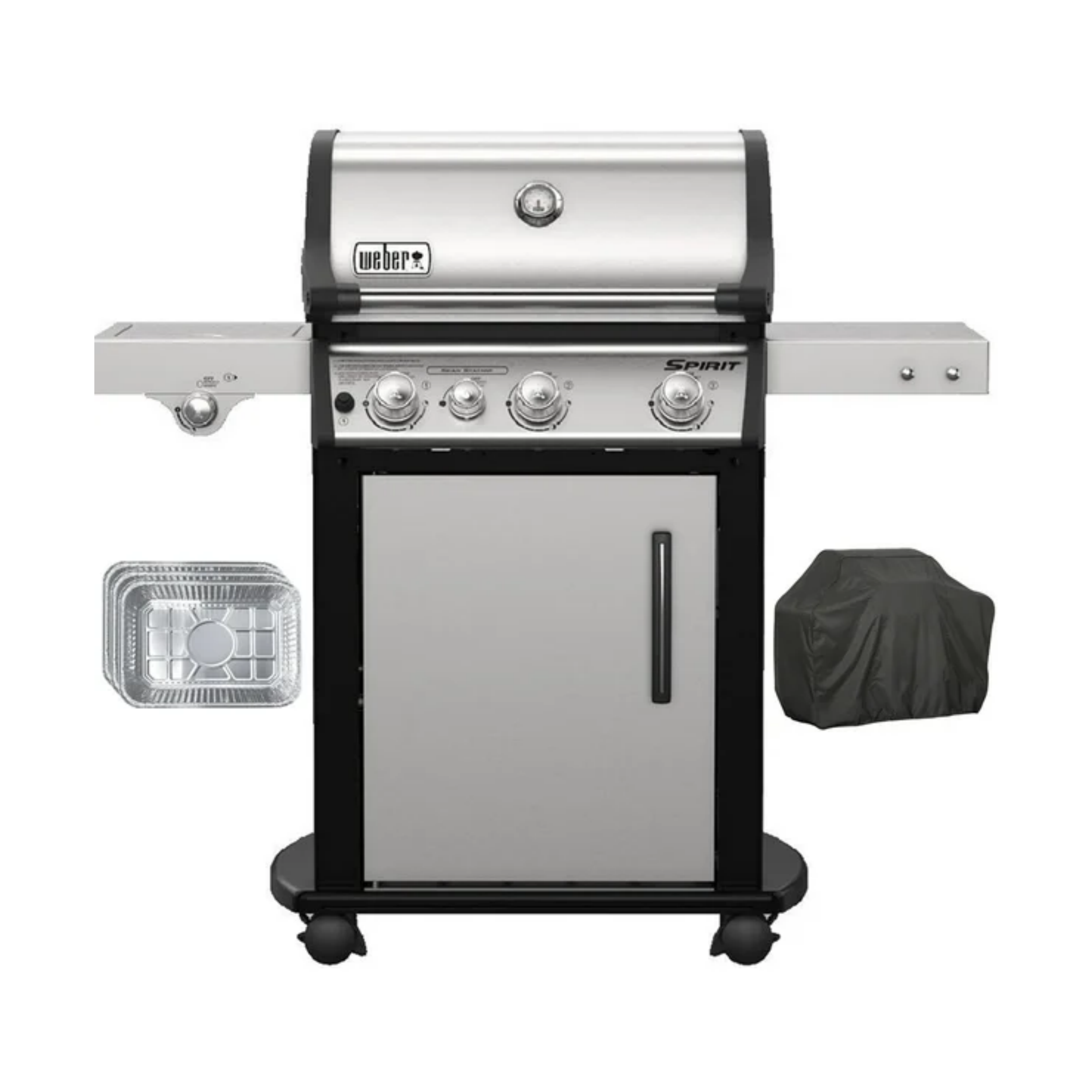 Weber 46802101 Spirit SP-335 Gas Grill, Stainless Steel Bundle with Generic Grill Cover Barbecue Waterproof Outdoor Protection and Aluminum Drip Pans (Set of 3)