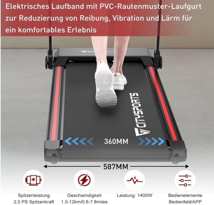 CITYSPORTS Elektrisches Laufband,Klappbares Laufband für Zuhause bis 12 km/h,mit LED-Anzeige,APP und 360° Tablet Holder,kompakte Walking Pad für Zuhause und Büro
