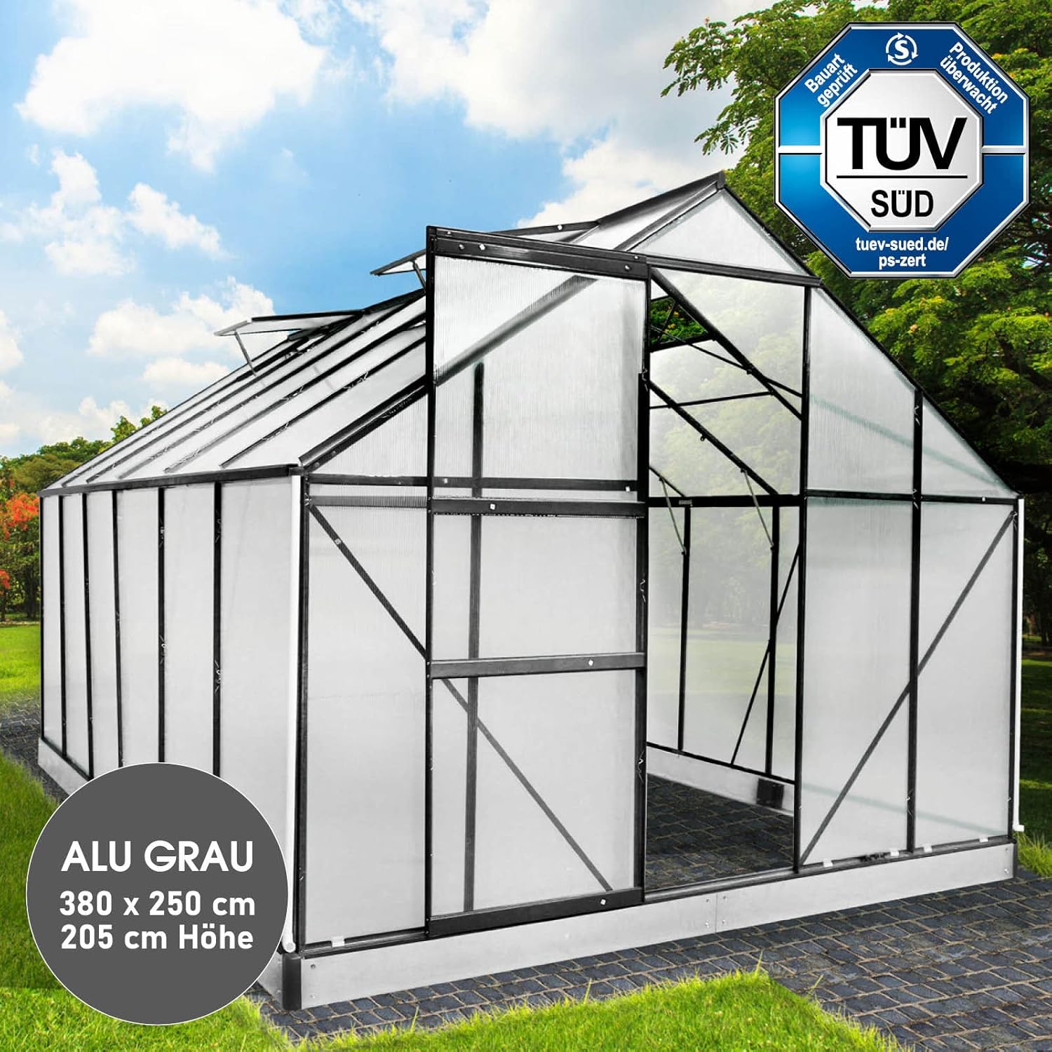 BRAST Aluminium Greenhouse with Base,380 x 250 x 235 cm, TÜV Tested, 6 mm Hollow Chamber Panels, Rustproof/Weatherproof/Temperature-Resistant
