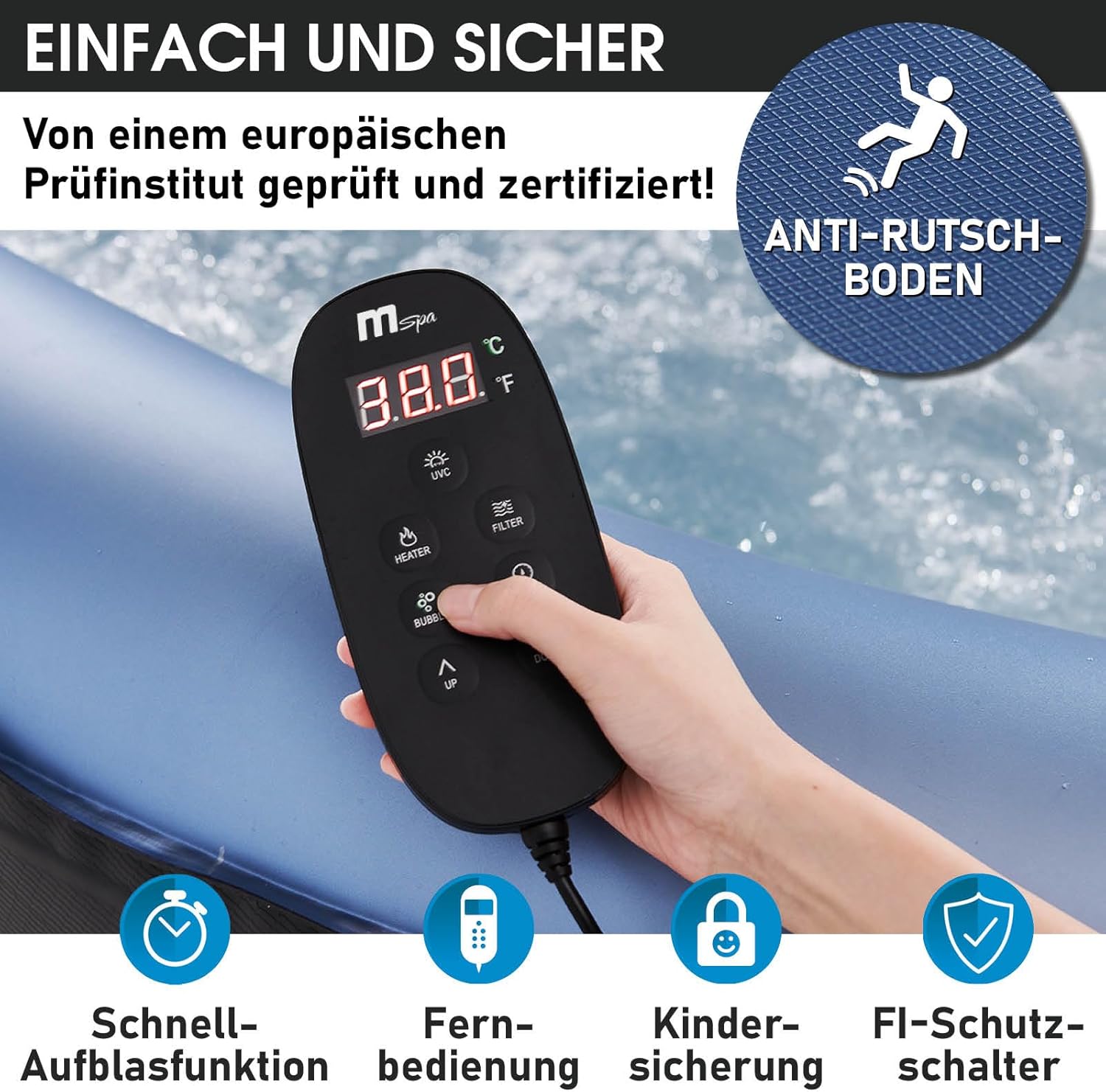 Whirlpool MSpa Inflatable for 6 People Spa 185 x 185 cm In-Outdoor Pool 132 Massage Nozzles Timer Heating Inflating Function with Push Button TÜV Tested Bubble Spa Wellness Massage