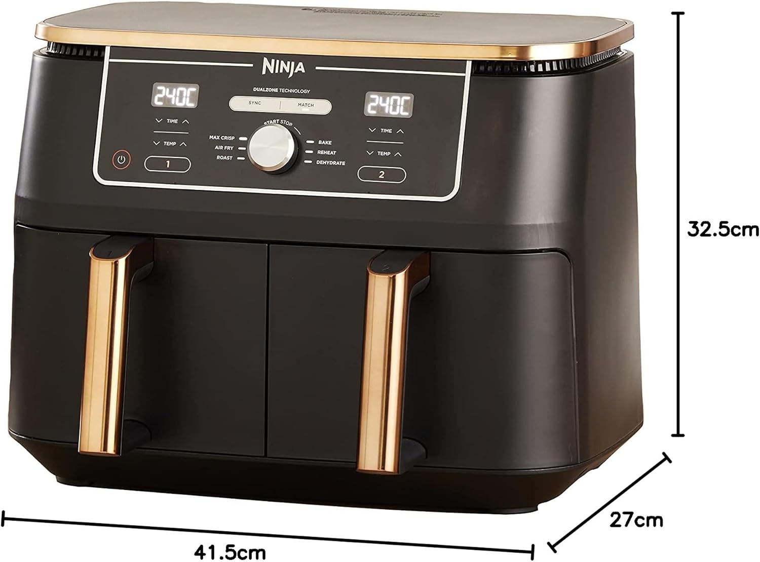 Ninja Foodi MAX Dual Zone Heißluftfritteuse, 9,5L Airfryer, 2 Fächer, mit Zange, Antihaftbeschichtung, spülmaschinenfeste Körbe, 6-in-1, Amazon Exklusiv, Kupfer/Schwarz, AF400EUCP
