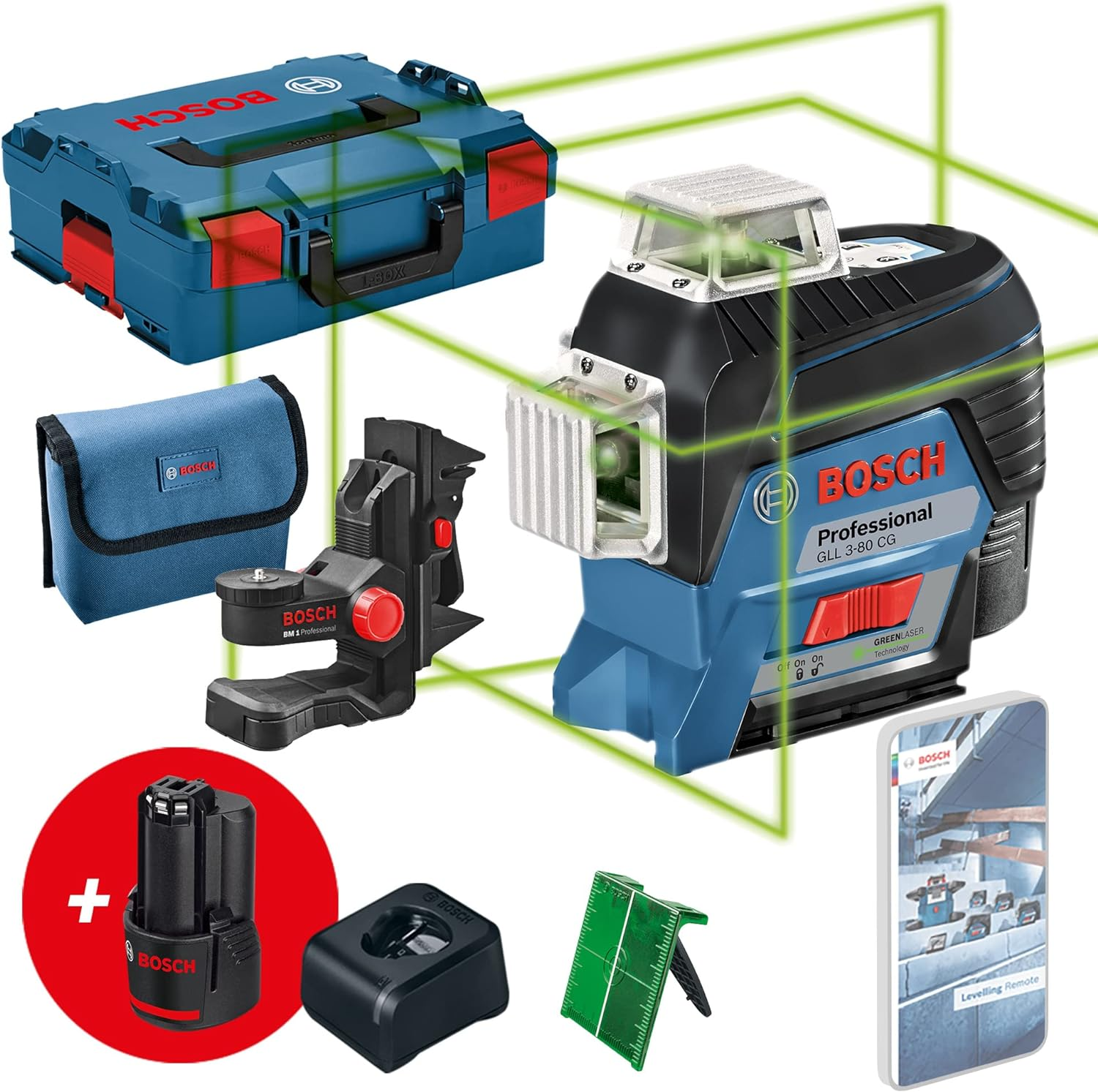 Bosch Professional 12V Line Laser System GLL 3-80 CG (2 x 12 V batteries, charger, green laser, with dedicated mobile app, support, range: up to 30 m, in L-BOXX)