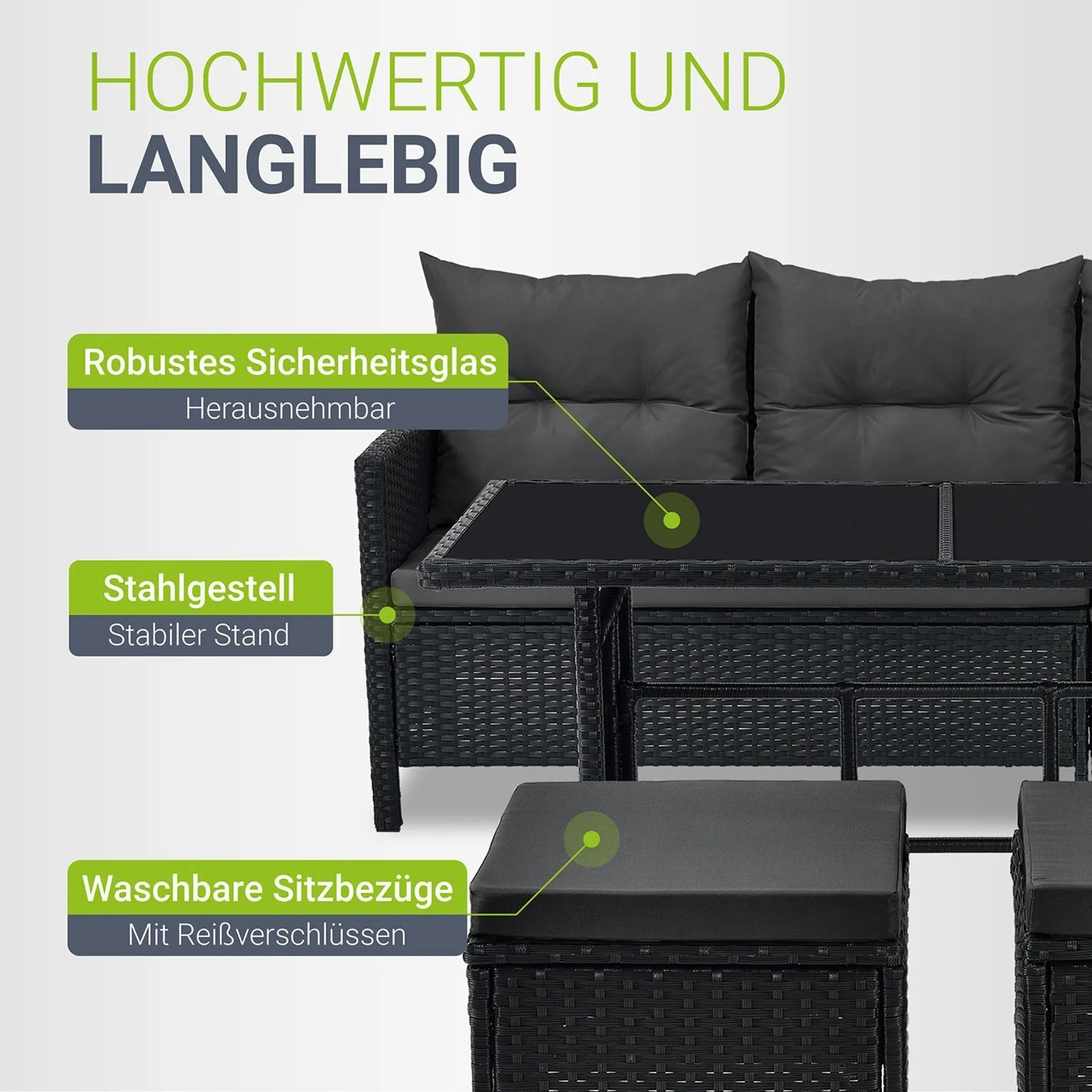Juskys Polyrattan Lounge Manacor - Sofa, Tisch, Hocker & Kissen - Schwarz & Grau